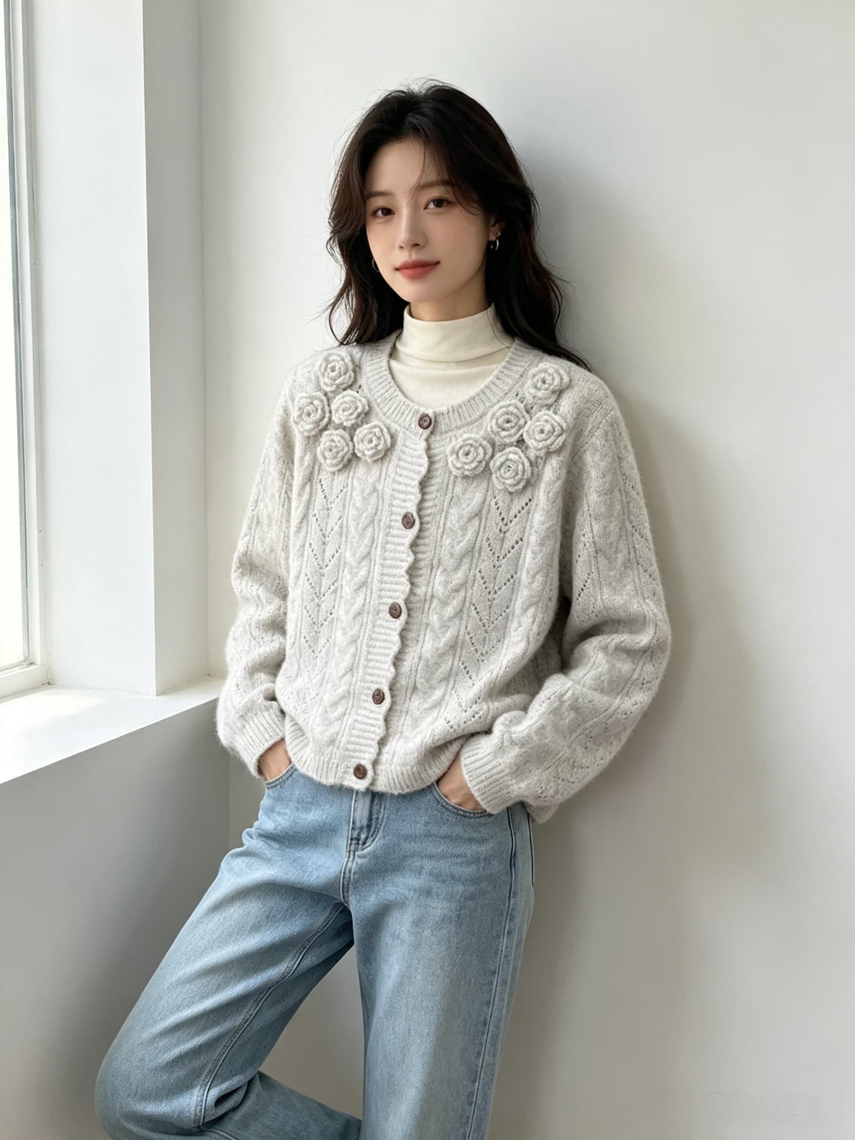 실사 2026 3 차원 꽃 홀로우 아웃 니트 오픈 가디건 여성 가을 겨울 새로운 부드러운 바람 달콤함 부드러운 찹쌀 스웨터 상세 이미지 7