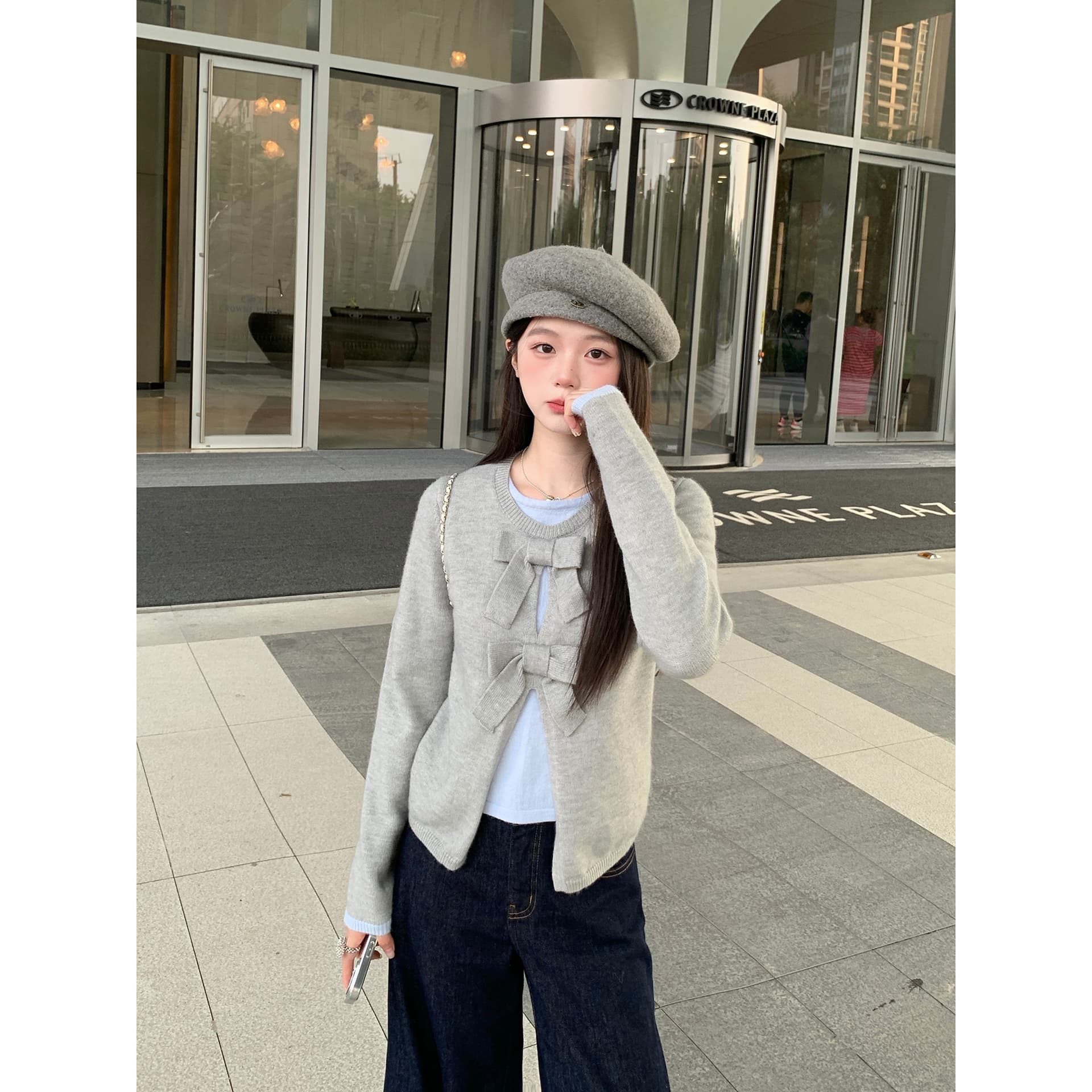 케이크를 잘라 직접 만든 작은 키 새로운 맨위 여성 디자인 센스 나비 매듭 페이크 레이어드 스웨터 니트 스웨터 털 셔츠