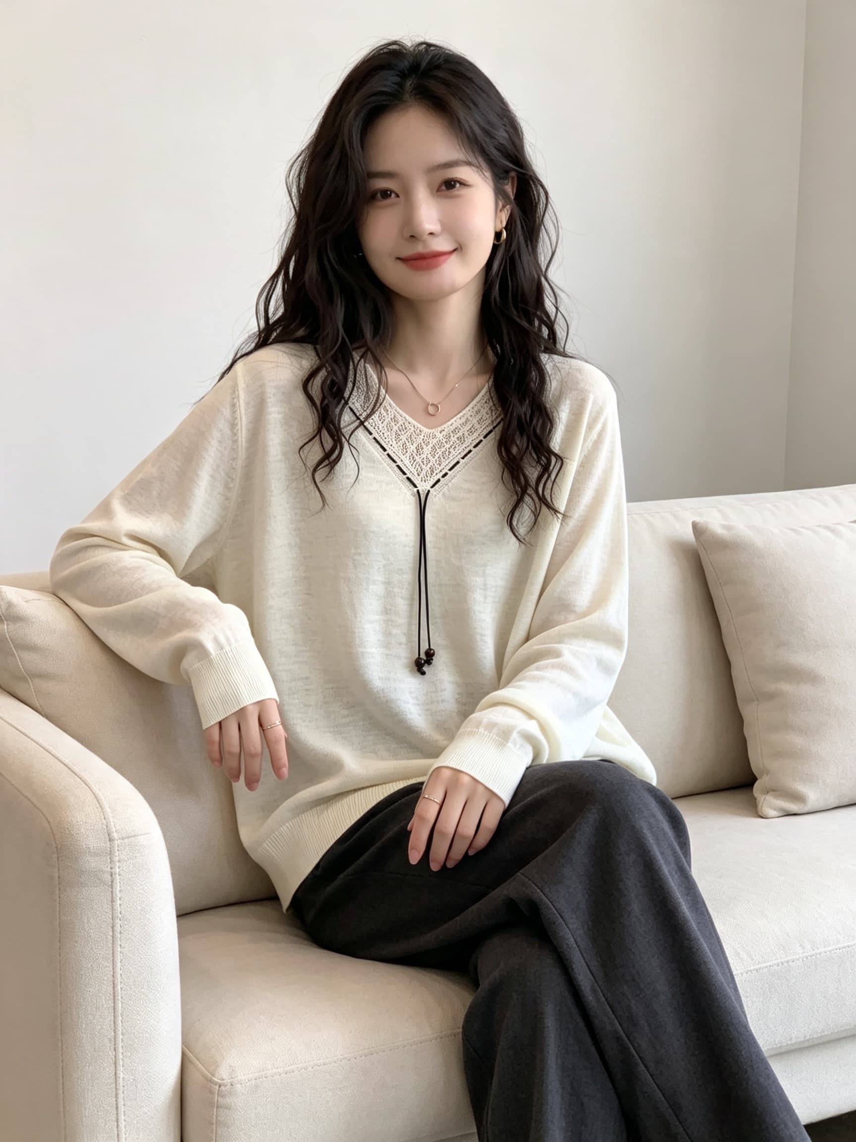 실사 2026 새로운 패션 느긋한 바람 V넥 홀로우 아웃 긴팔 니트 스웨터 여성 루즈핏 느슨함 센스 스웨터 맨위 이미지 3
