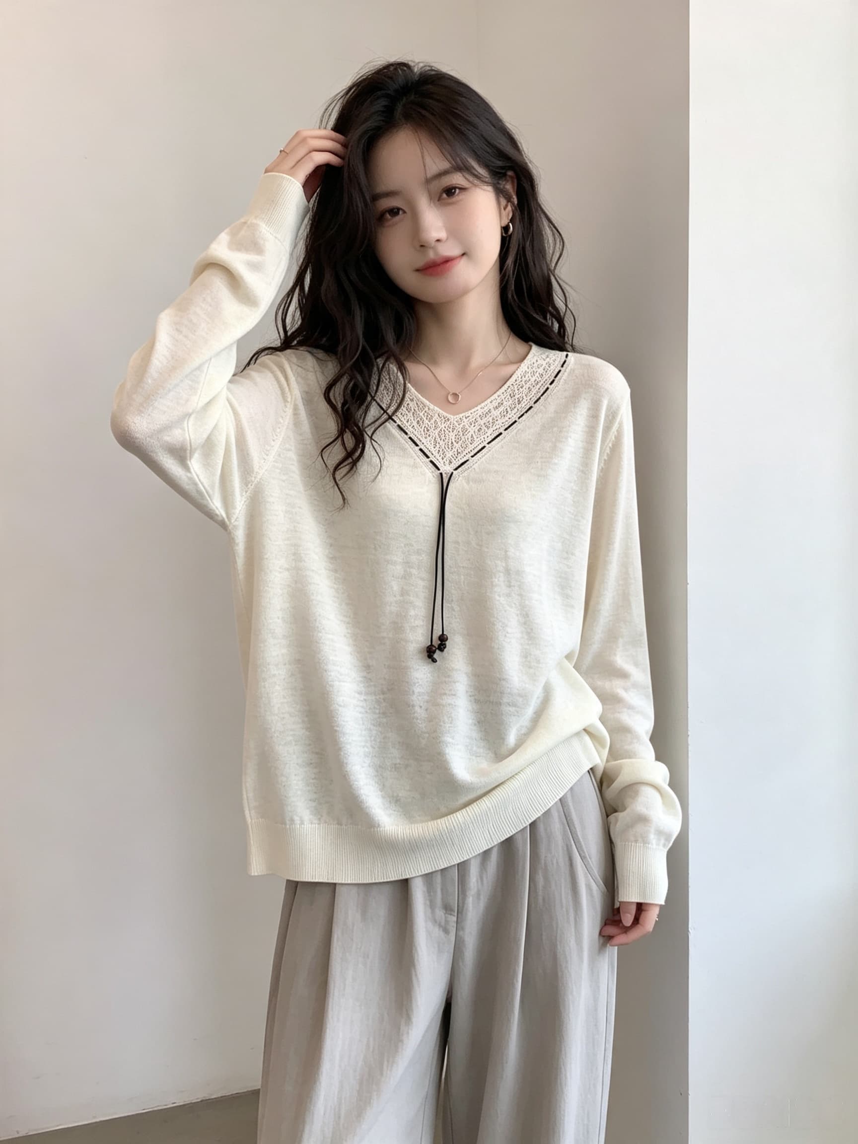 실사 2026 새로운 패션 느긋한 바람 V넥 홀로우 아웃 긴팔 니트 스웨터 여성 루즈핏 느슨함 센스 스웨터 맨위 상세 이미지 3