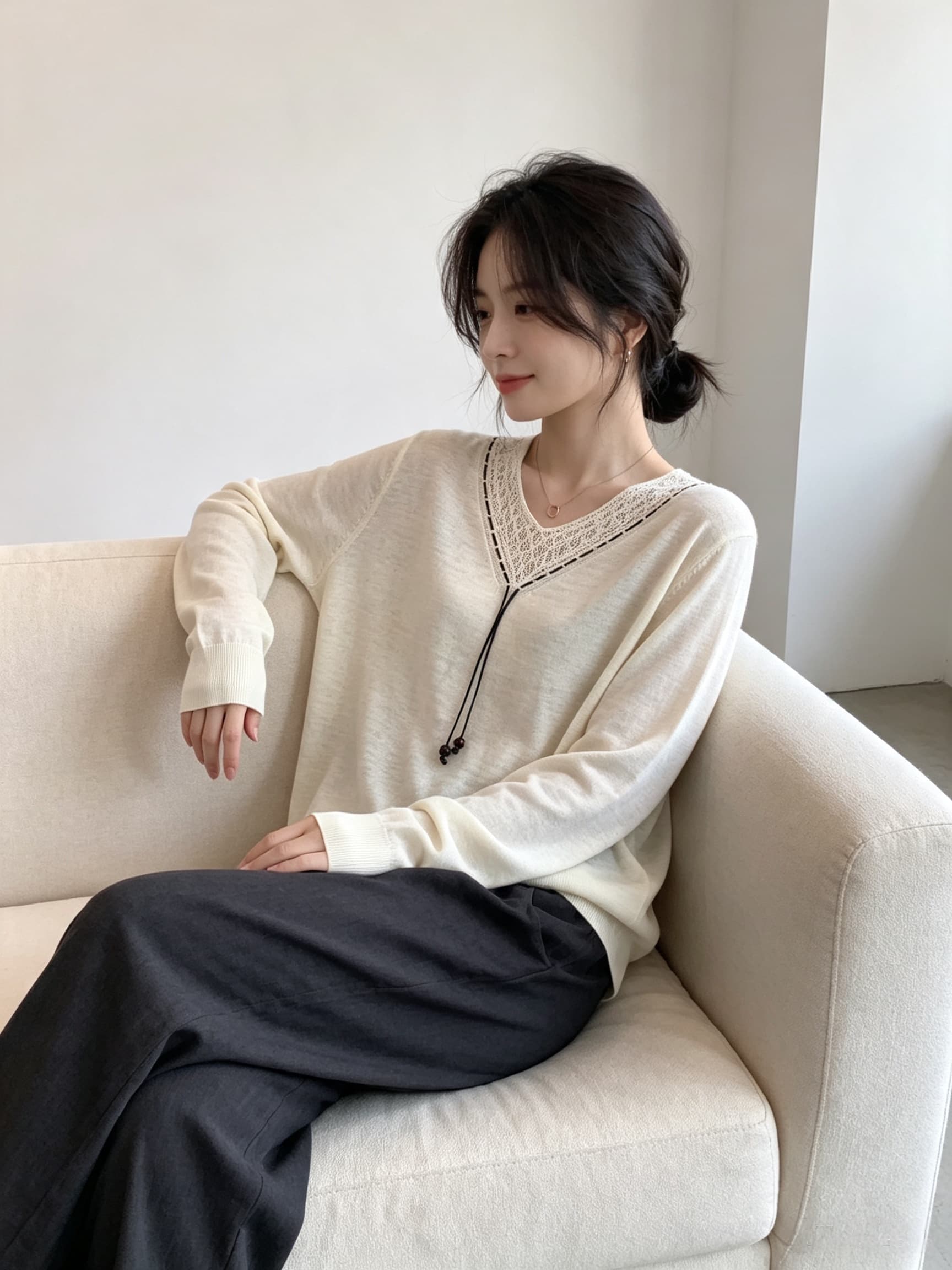 실사 2026 새로운 패션 느긋한 바람 V넥 홀로우 아웃 긴팔 니트 스웨터 여성 루즈핏 느슨함 센스 스웨터 맨위 상세 이미지 6