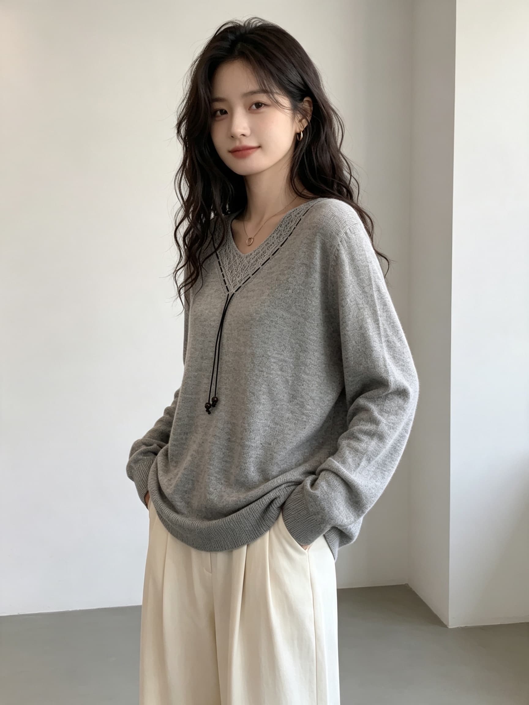 실사 2026 새로운 패션 느긋한 바람 V넥 홀로우 아웃 긴팔 니트 스웨터 여성 루즈핏 느슨함 센스 스웨터 맨위 상세 이미지 7