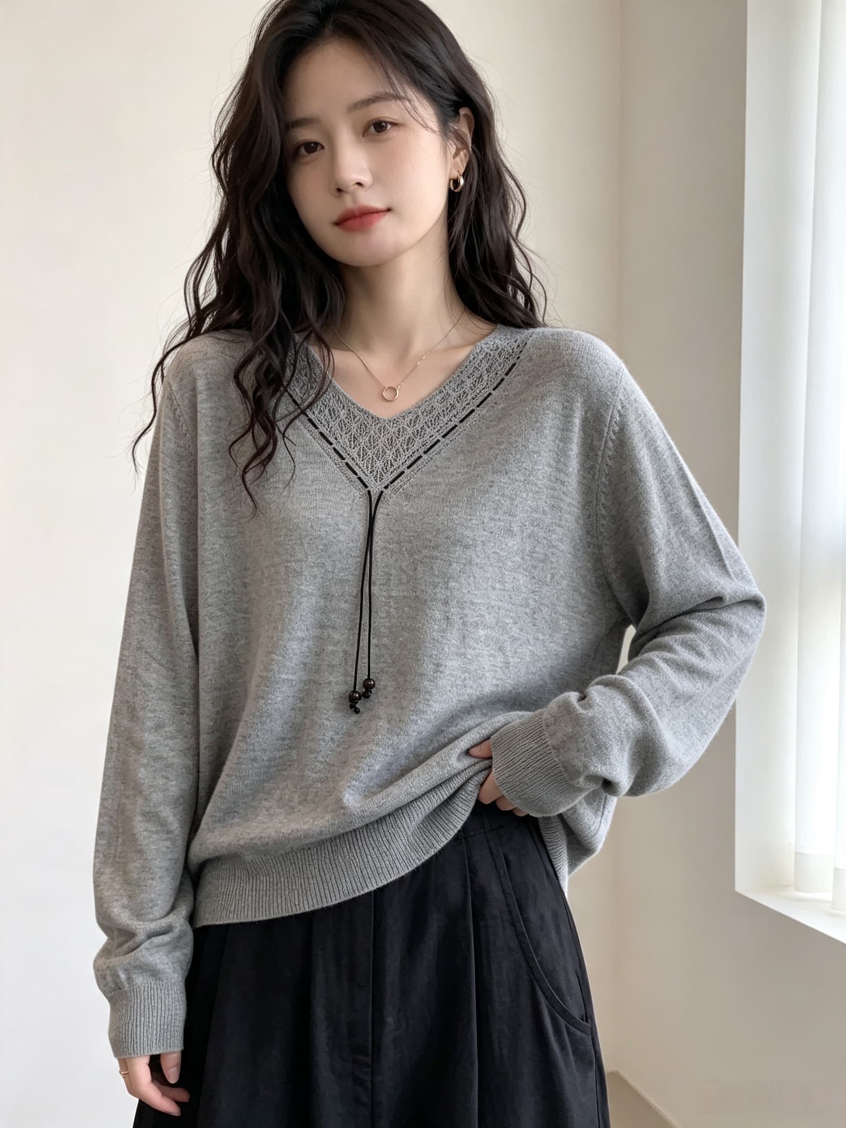 실사 2026 새로운 패션 느긋한 바람 V넥 홀로우 아웃 긴팔 니트 스웨터 여성 루즈핏 느슨함 센스 스웨터 맨위 상세 이미지 9