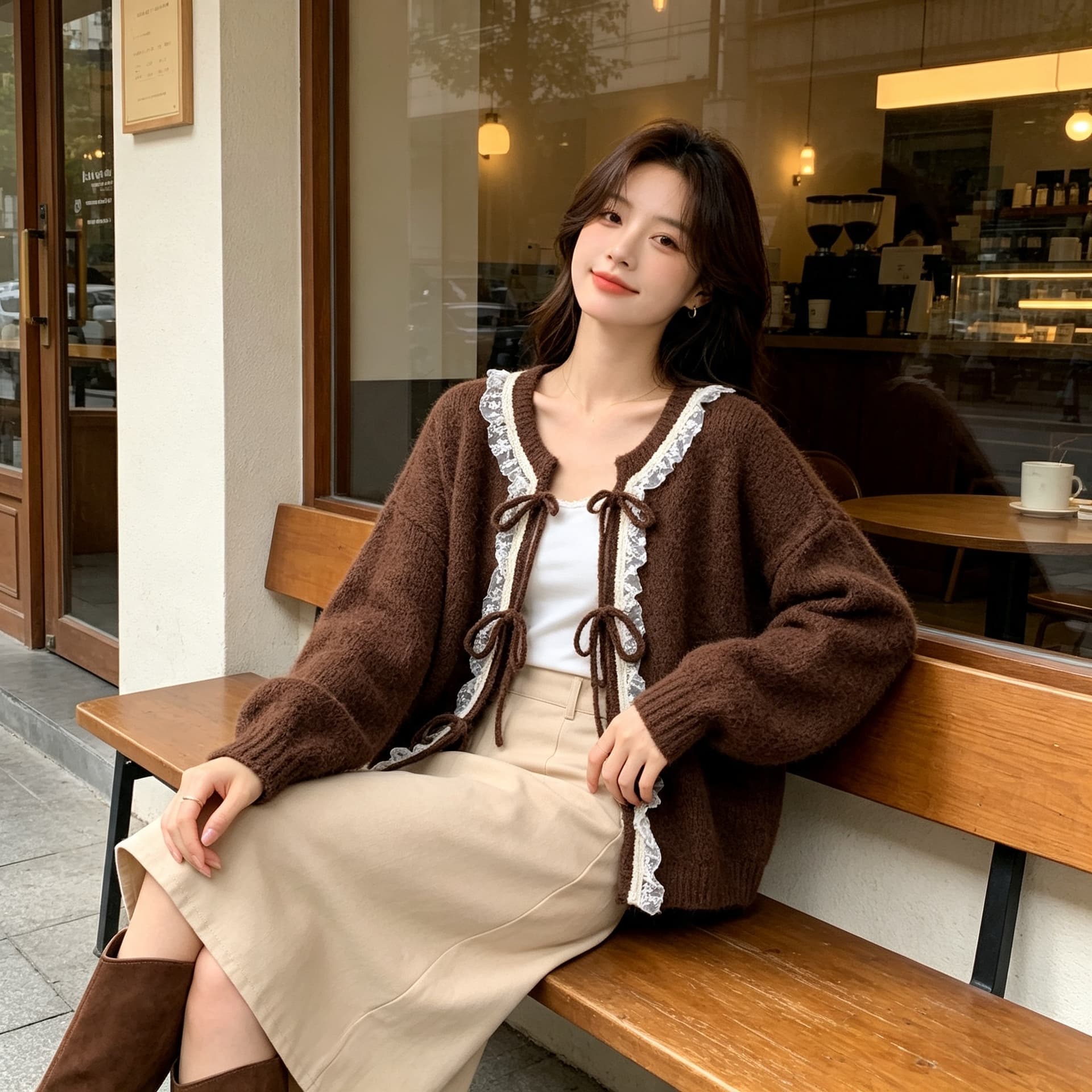 한 부서 달콤함 레이스 조각 부드러운 바람 레이스업 스웨터 오픈 가디건 가을 겨울 캐주얼 부드러운 찹쌀 재킷 이미지 4