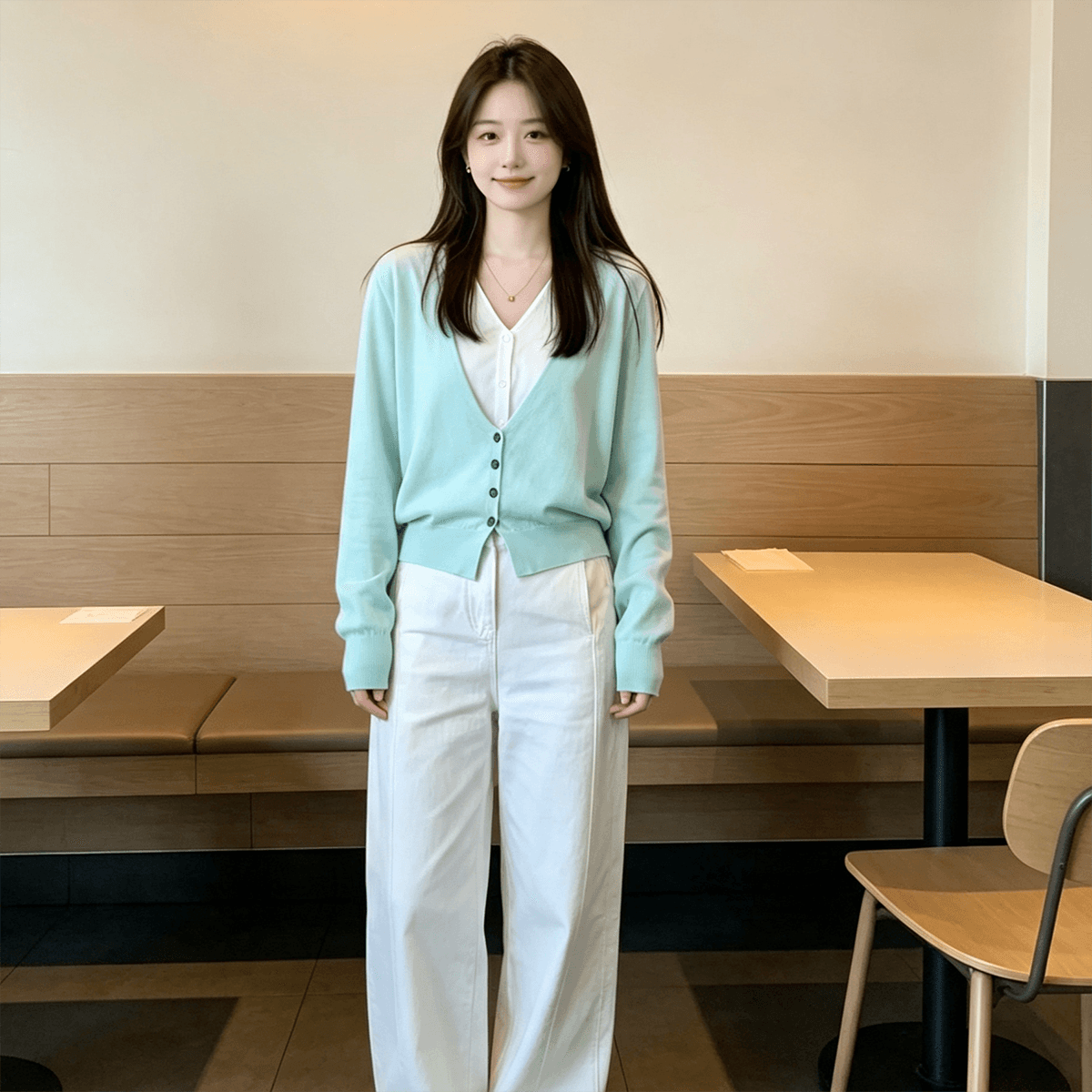 실사 한 부서 박하 녹색 페이크 레이어드 V넥 니트 오픈 가디건 여성 새로운 작은 키 루즈핏 다용도 스웨터 코트 이미지 2