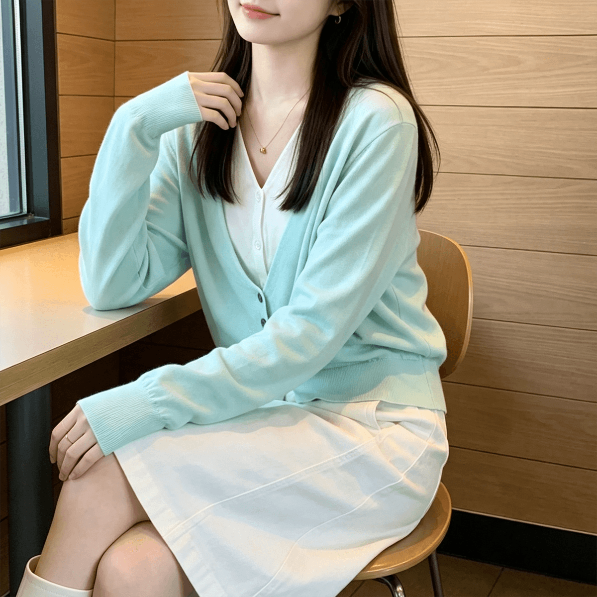 실사 한 부서 박하 녹색 페이크 레이어드 V넥 니트 오픈 가디건 여성 새로운 작은 키 루즈핏 다용도 스웨터 코트 이미지 3