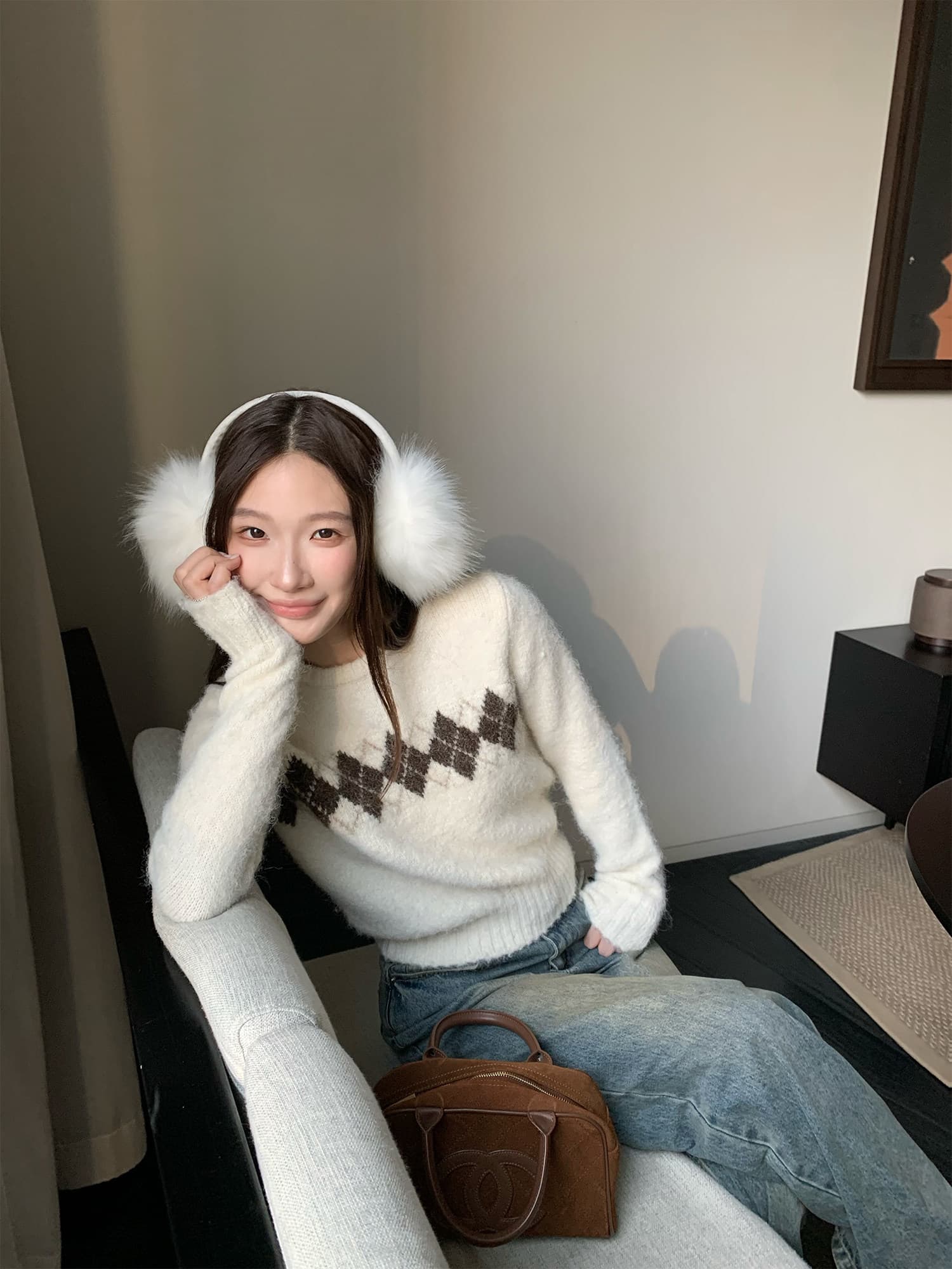 hhyii 소나무 차 코코아 레트로 링 그리드 라운드 넥 풀오버 스웨터 여자 가을 겨울 디자인 센스 슬림해 보이는 니트 맨위 이미지 3