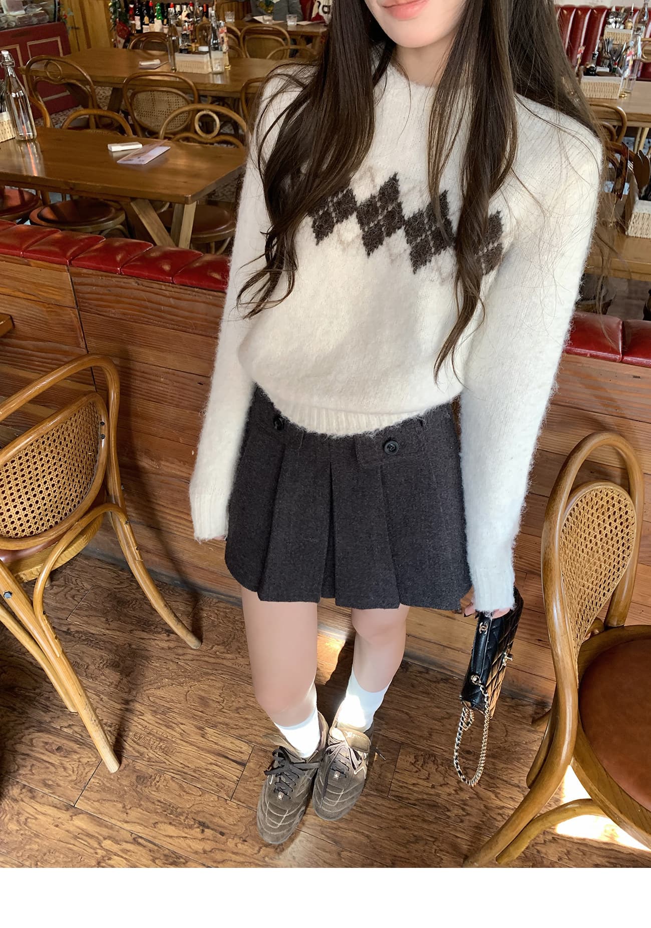 hhyii 소나무 차 코코아 레트로 링 그리드 라운드 넥 풀오버 스웨터 여자 가을 겨울 디자인 센스 슬림해 보이는 니트 맨위 상세 이미지 9