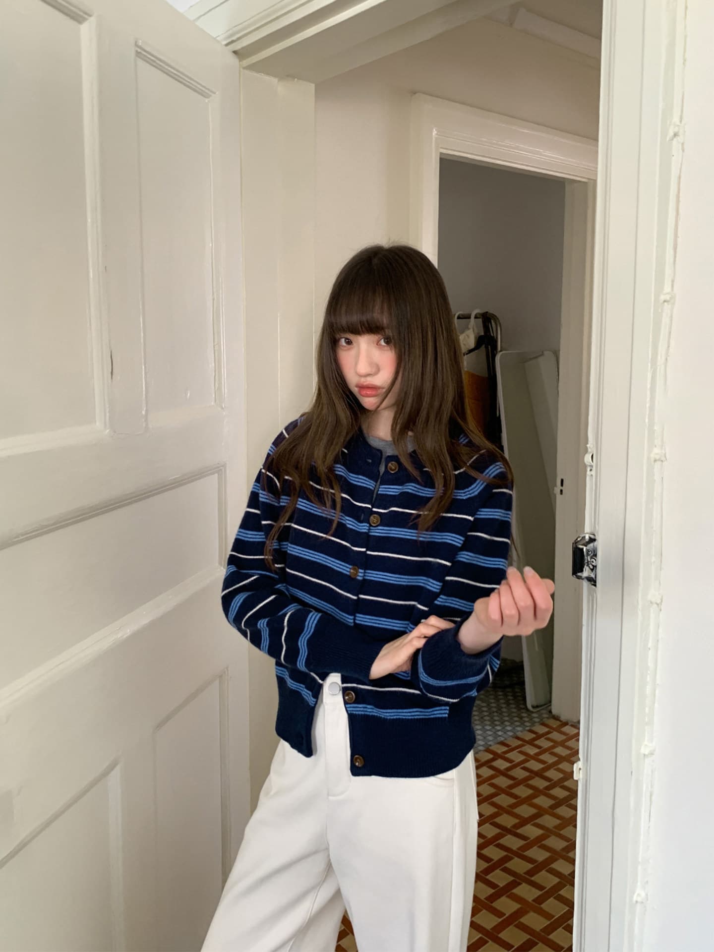 안녕하세요. 대포 레트로 배색 스트라이프 니트 오픈 가디건 여성 봄 가을 2026 새로운 느슨함 센스 캐주얼 슬림해 보이는 맨위