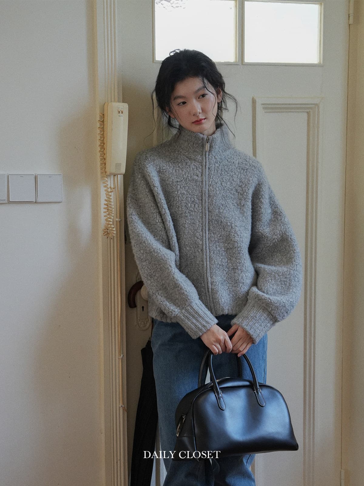 dailycloset 원 서민 들 의 삶 두꺼운 스타일 라운드 넥 회색 서클 실 니트 스웨터 오픈 가디건 이미지 2