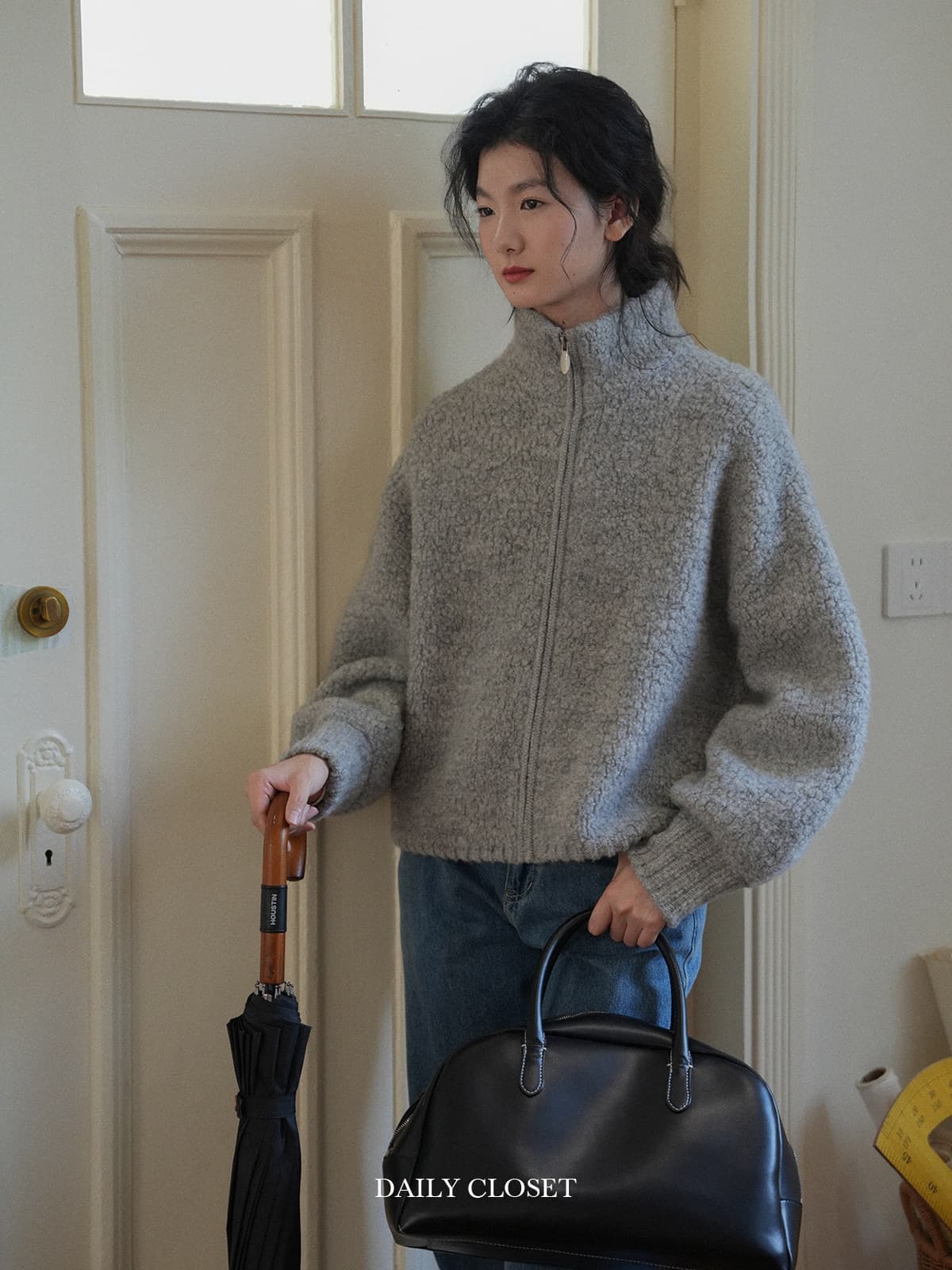 dailycloset 원 서민 들 의 삶 두꺼운 스타일 라운드 넥 회색 서클 실 니트 스웨터 오픈 가디건