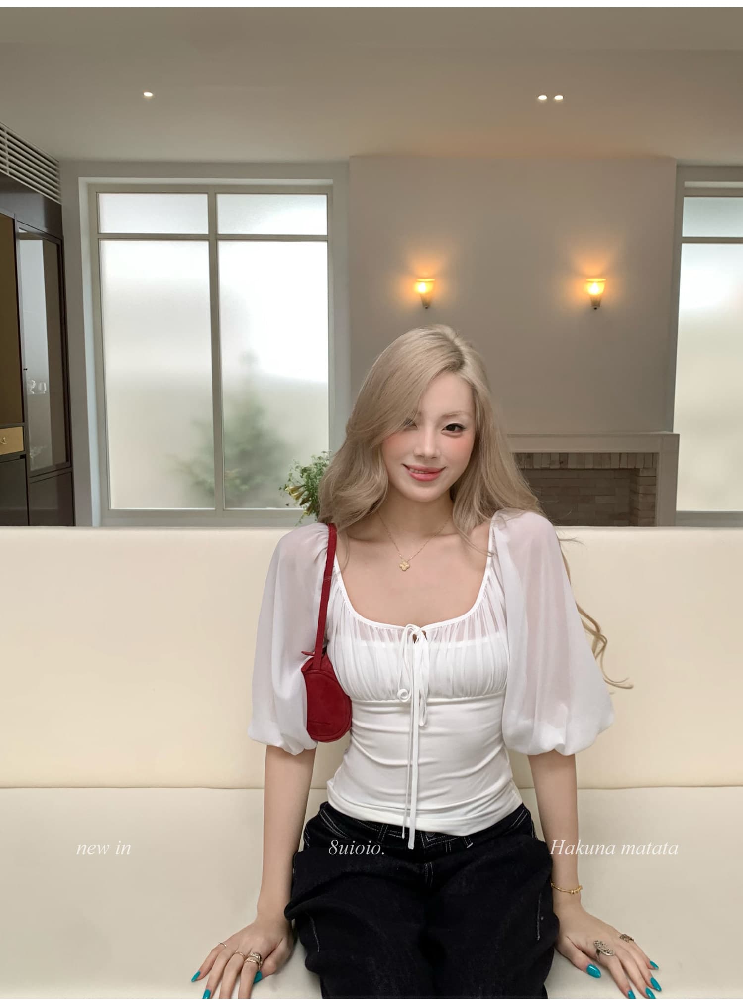 8uioio 주요 추진력 영어 지구 엷 은 안개 화이트 벌룬 소매 시폰 셔츠 여성 여름 새로운 마이크로 ~을 통해 망사 맨위 상세 이미지 3