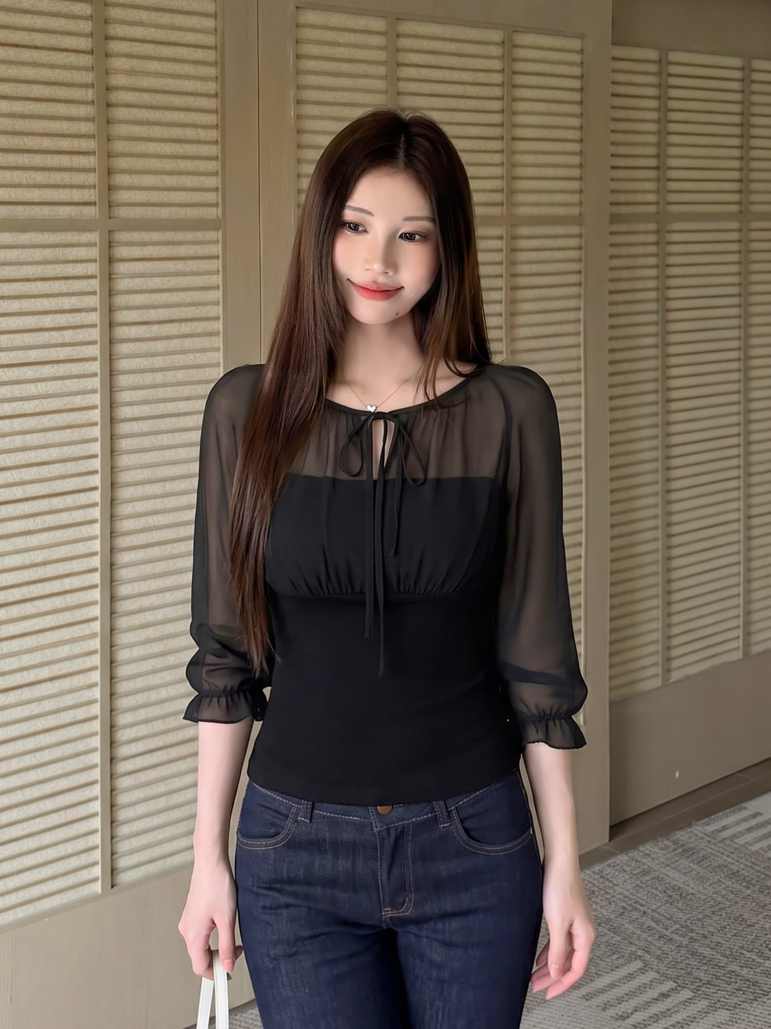 iamannieww2026 새로운 여름 블라우스 휴가 품격 레트로 마이크로 ~을 통해 패치워크 레이스업 꽃밭 소매 맨위 상세 이미지 4