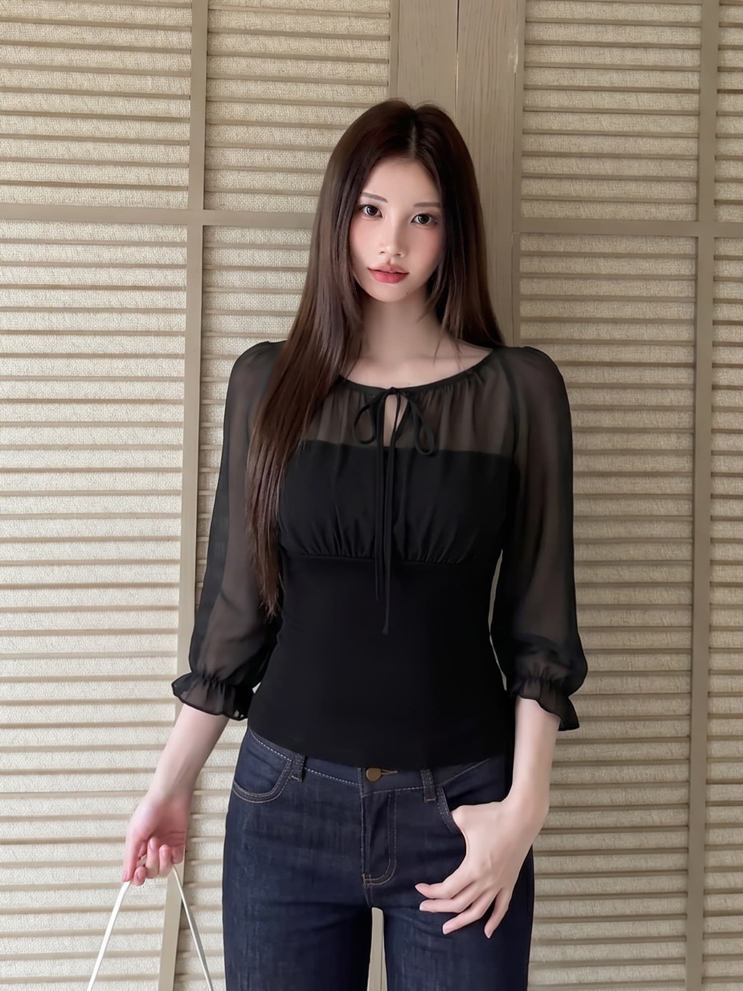 iamannieww2026 새로운 여름 블라우스 휴가 품격 레트로 마이크로 ~을 통해 패치워크 레이스업 꽃밭 소매 맨위 상세 이미지 7