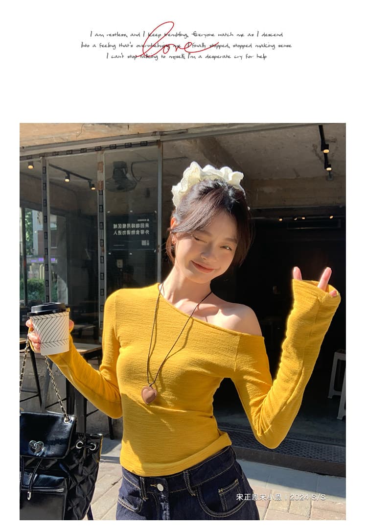 송 긍정적 인 En 황색 비스듬한 어깨 긴팔 티셔츠 여성 이른 가을 수 있습니다. 외출용 몸매 가꾸기 인사이드 가져 가라. 기본 셔츠 순수한 욕망 오프숄더 맨위 상세 이미지 9