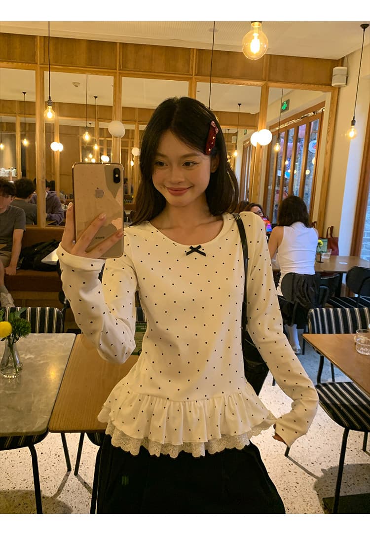 송 긍정적 인 En 검정색 도트 무늬 인사이드 가져 가라. 기본 셔츠 여성 가을 레이스 밑단 슈퍼 잘 생긴 몸매 가꾸기 긴팔 티셔츠 맨위 상세 이미지 10