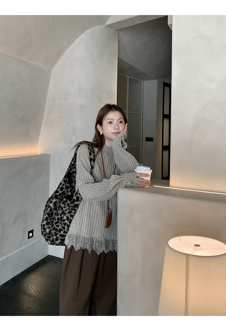 레드 맨 내부에 가져 가라. 기본 셔츠 여성 2026 새로운 긴팔 티셔츠 반하이넥 한 부서 느긋한 레이스 니트 맨위 상세 이미지 3
