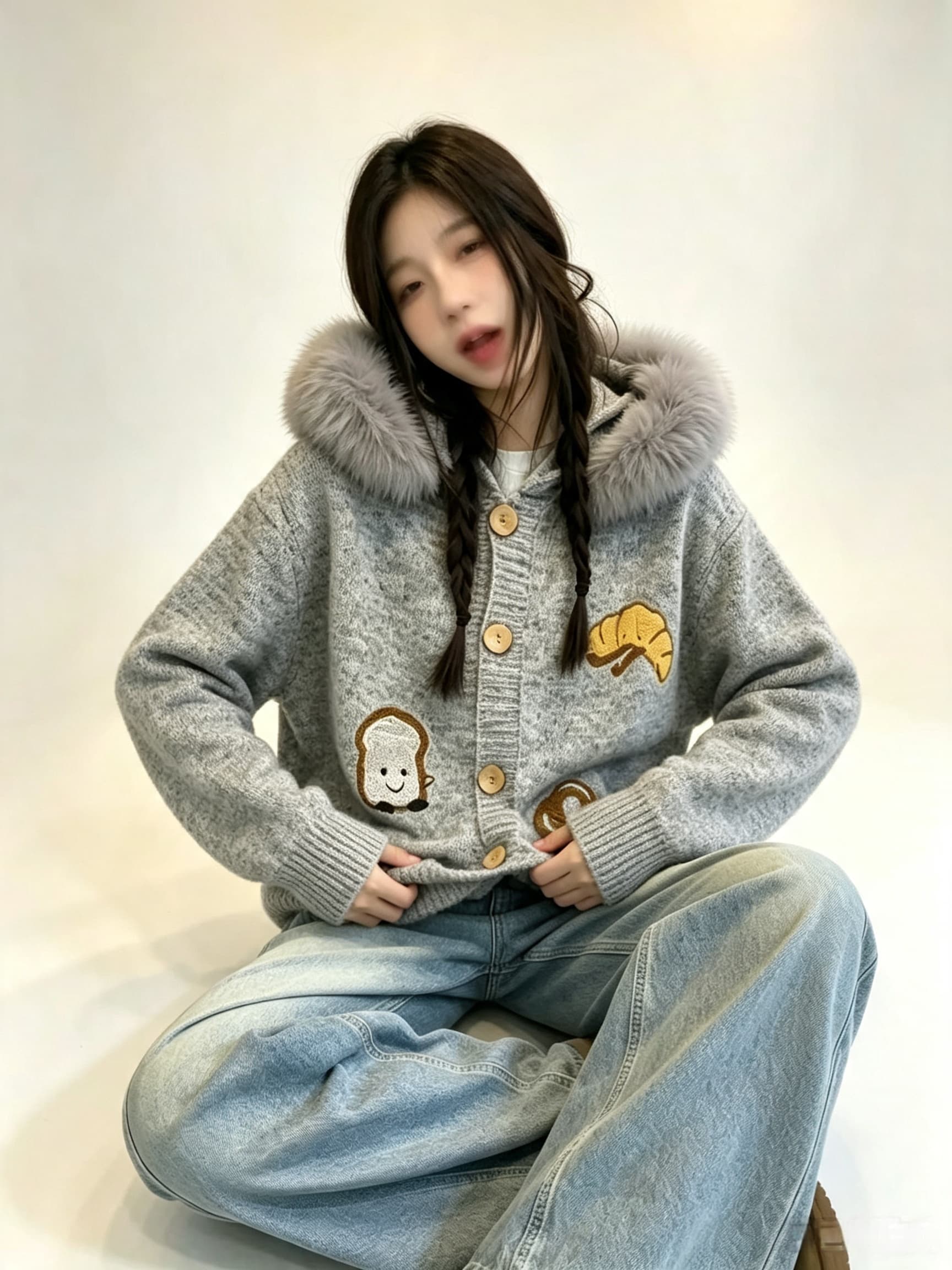 실사 고급 한 부서 부드러운 바람 연령 감소 부드러운 찹쌀 스웨터 코트 모피 칼라 후드 가을 겨울 니트 오픈 가디건