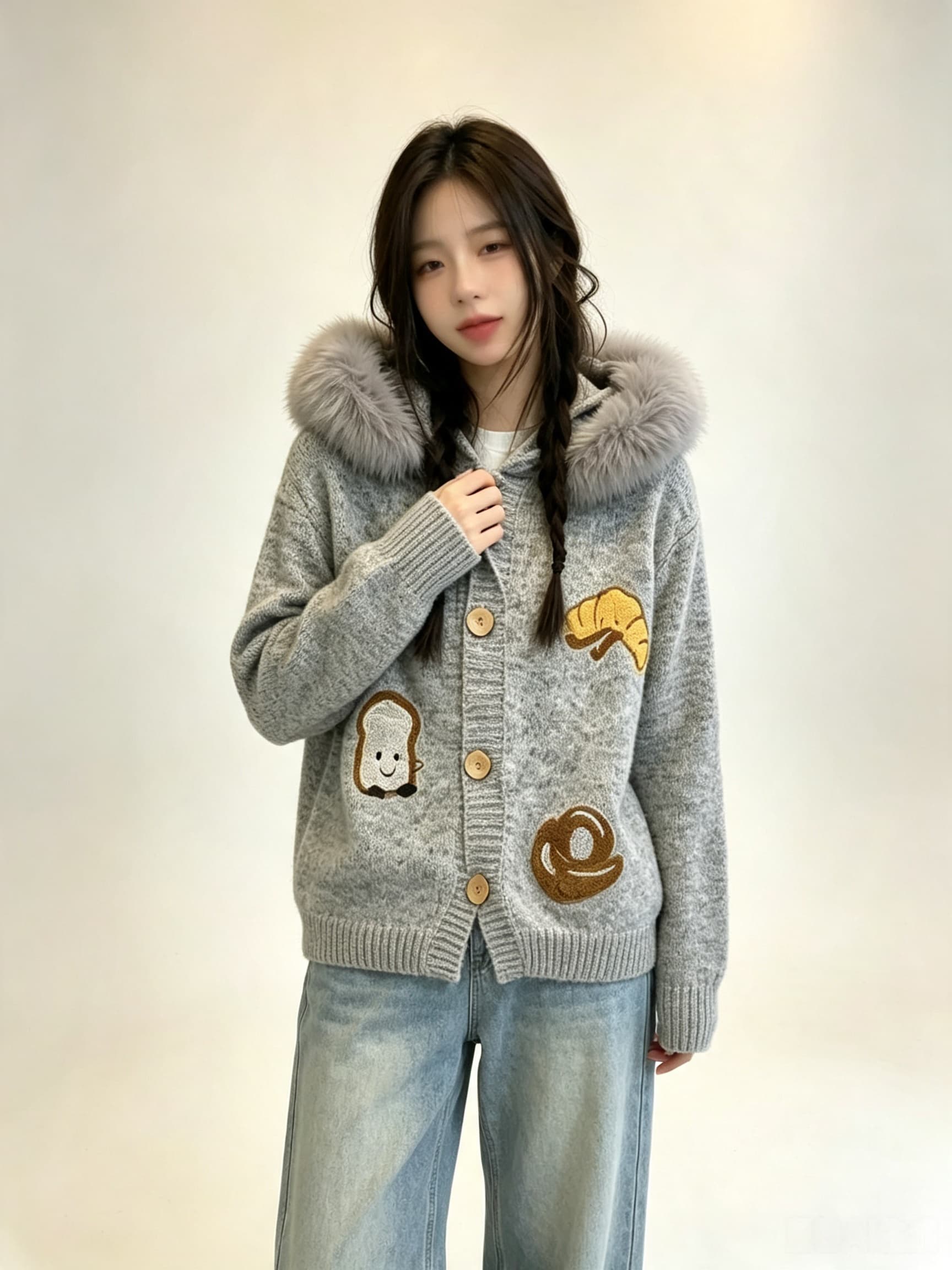 실사 고급 한 부서 부드러운 바람 연령 감소 부드러운 찹쌀 스웨터 코트 모피 칼라 후드 가을 겨울 니트 오픈 가디건 이미지 2