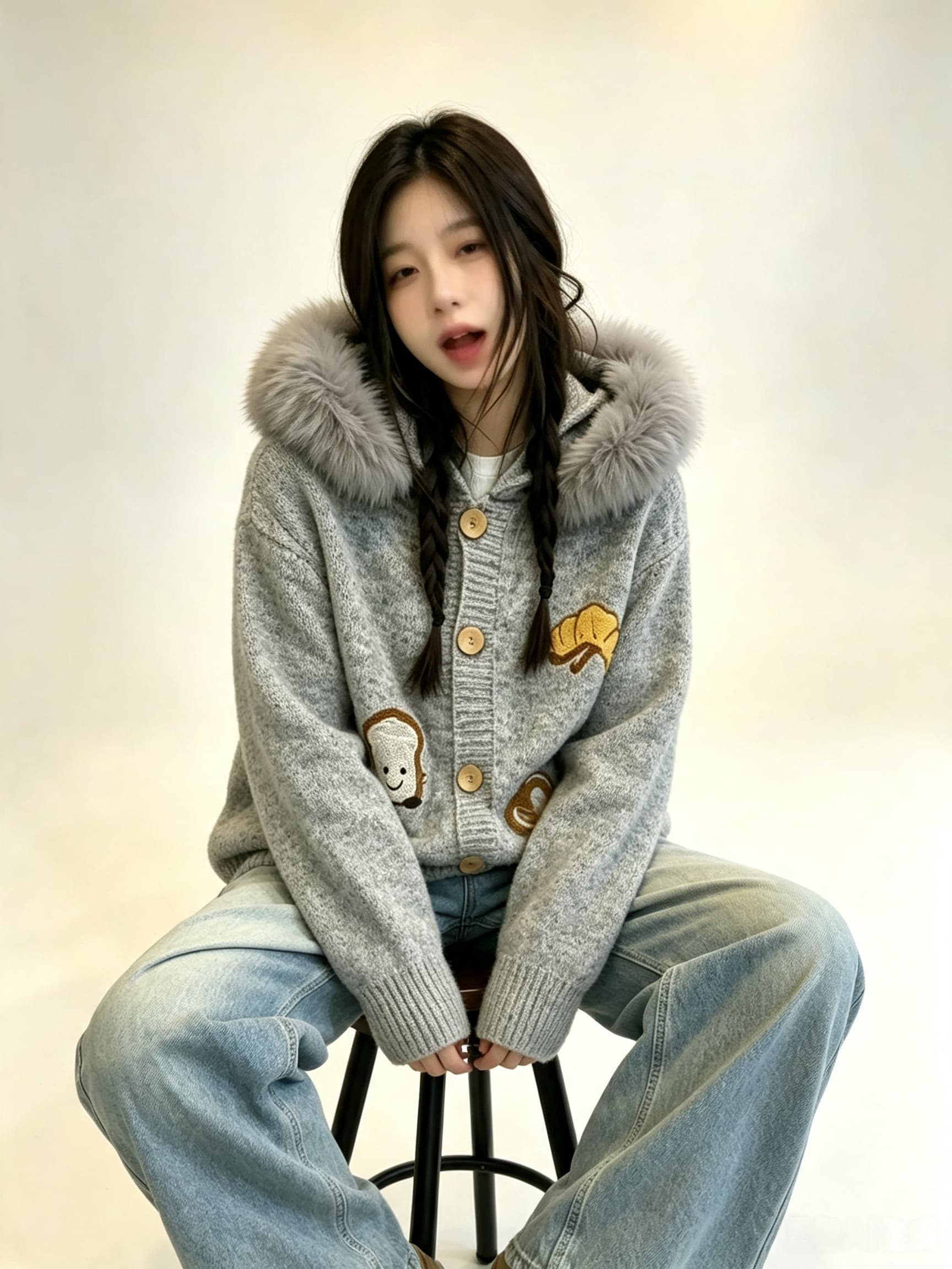 실사 고급 한 부서 부드러운 바람 연령 감소 부드러운 찹쌀 스웨터 코트 모피 칼라 후드 가을 겨울 니트 오픈 가디건 이미지 4