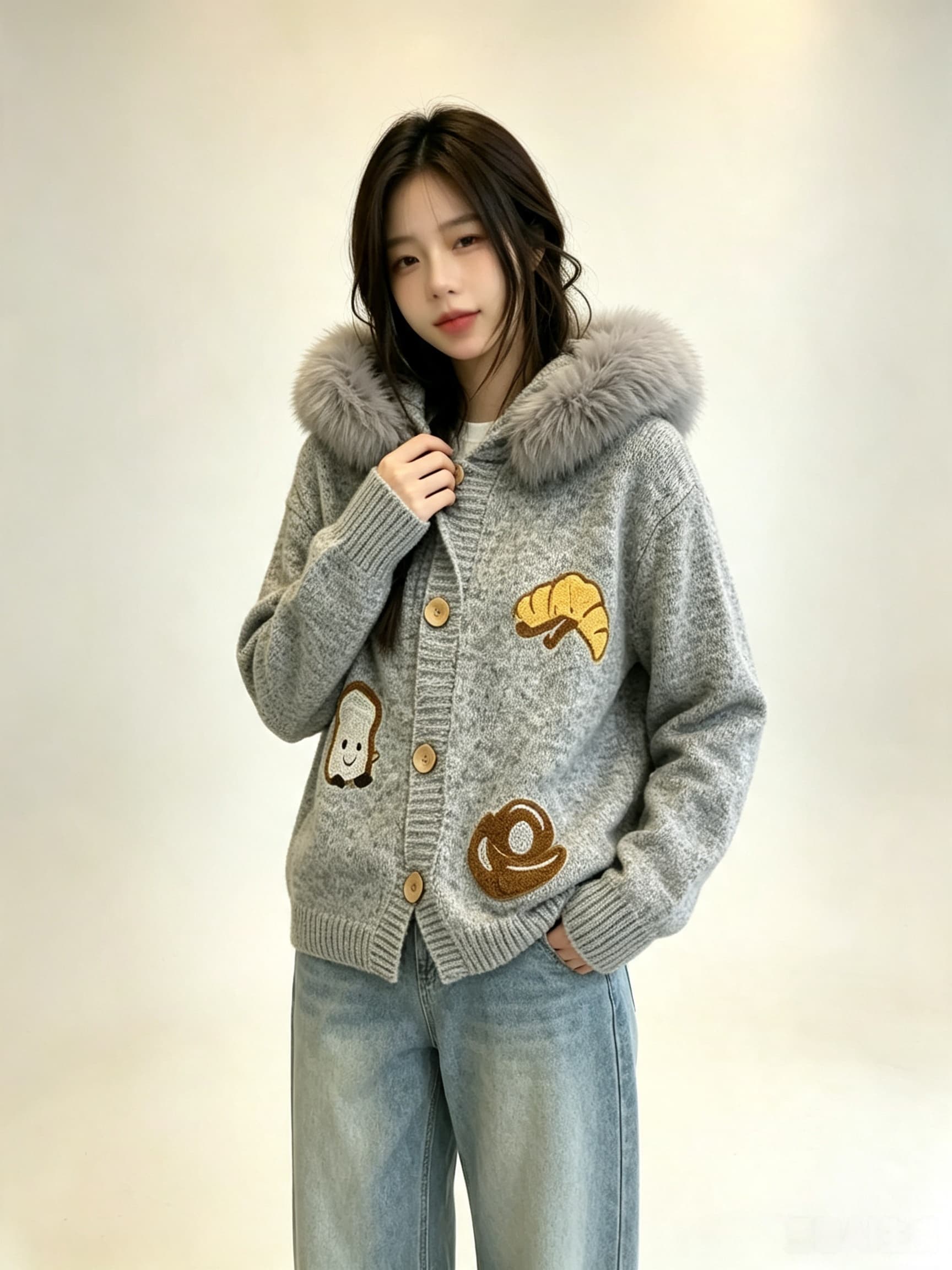 실사 고급 한 부서 부드러운 바람 연령 감소 부드러운 찹쌀 스웨터 코트 모피 칼라 후드 가을 겨울 니트 오픈 가디건 상세 이미지 4