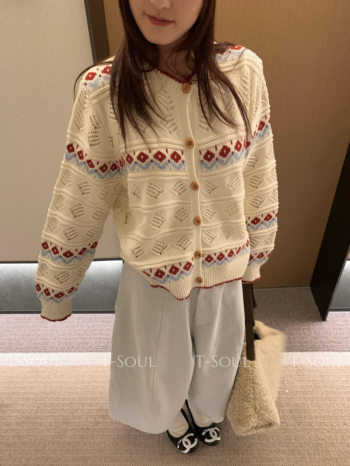 고대 공정한 섬 자카드 라운드 넥 루즈핏 쇼트 스타일 신선함 부드러운 크림 니트 오픈 가디건 상세 이미지 7