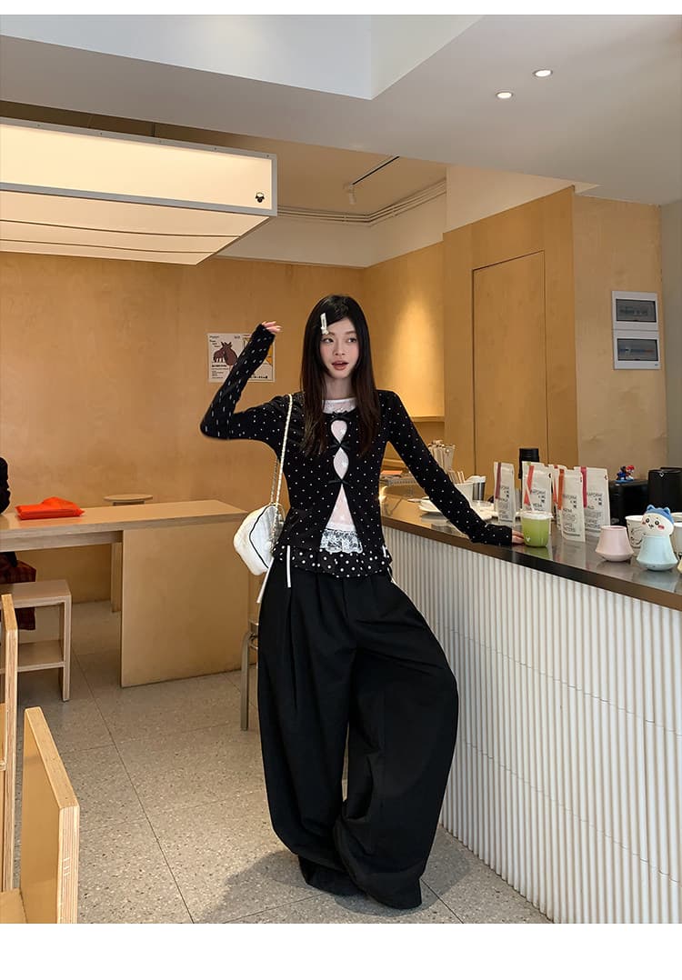 송 긍정적 인 En 검정색 도트 무늬 페이크 레이어드 긴팔 티셔츠 여성 가을 몸매 가꾸기 인사이드 가져 가라. 레이스 조각 디자인 센스 맨위 상세 이미지 14