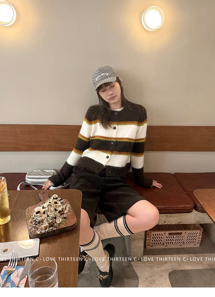 초콜릿 웨이 화학 클래식 양모 배색 스트라이프 라운드 넥 스웨터 가을 새로운 오픈 가디건 짧은 외투 상세 이미지 7