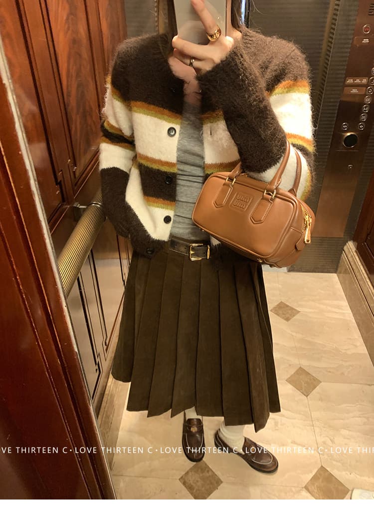 초콜릿 웨이 화학 클래식 양모 배색 스트라이프 라운드 넥 스웨터 가을 새로운 오픈 가디건 짧은 외투 상세 이미지 8