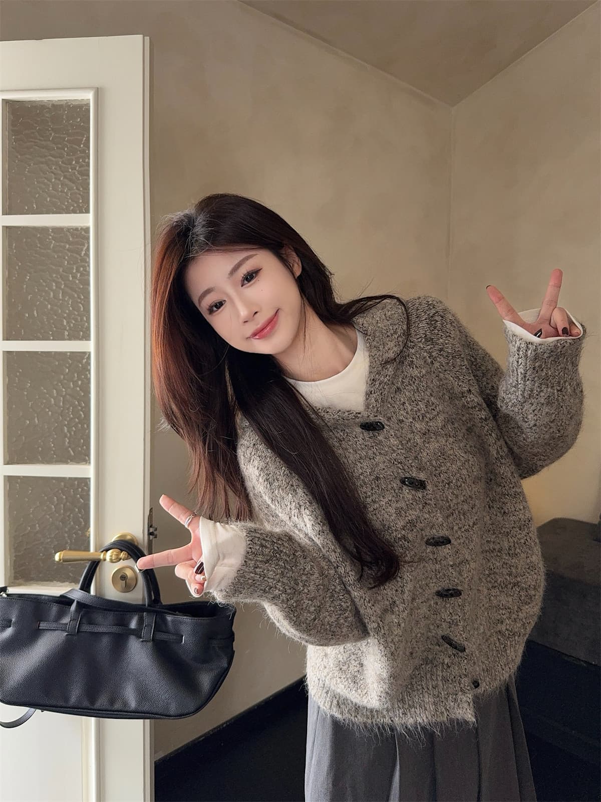 한 부서 소뿔 버클 후드 니트 오픈 가디건 여성 봄 가을 두꺼운 디자인 센스 느긋한 바람 레트로 보온 스웨터 코트 상세 이미지 12