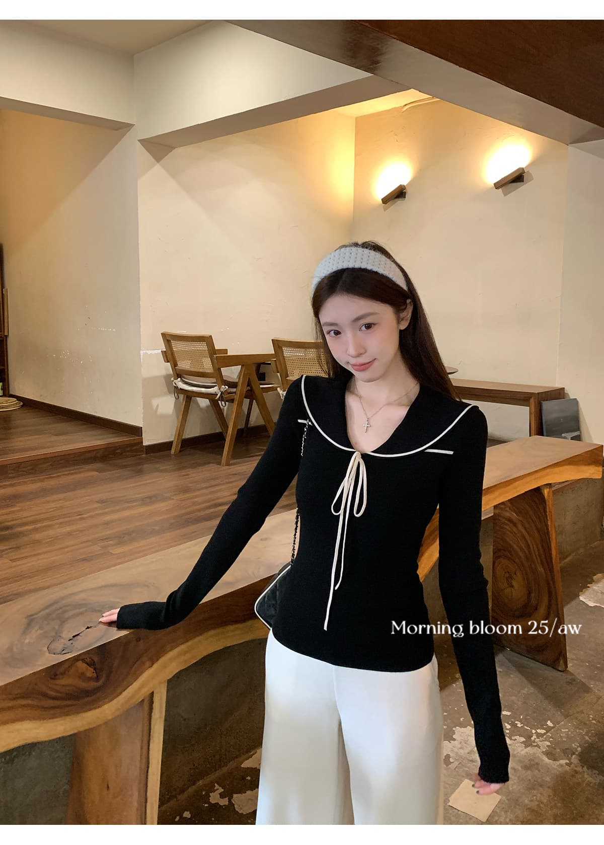 디자인 센스 해군 칼라 긴팔 니트 스웨터 여성 가을 몸매 가꾸기 슬림해 보이는 다용도 검정색 맨위 상세 이미지 19