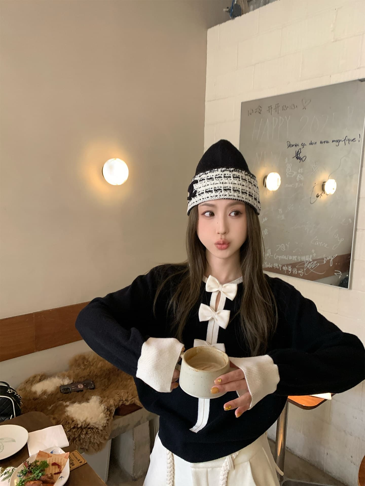 mls 연인 나비 넥타이 연령 감소 vibe 클래식 라운드 넥 배색 루즈핏 맨위 여성 스탠드 칼라 나비 매듭 니트 스웨터 이미지 4