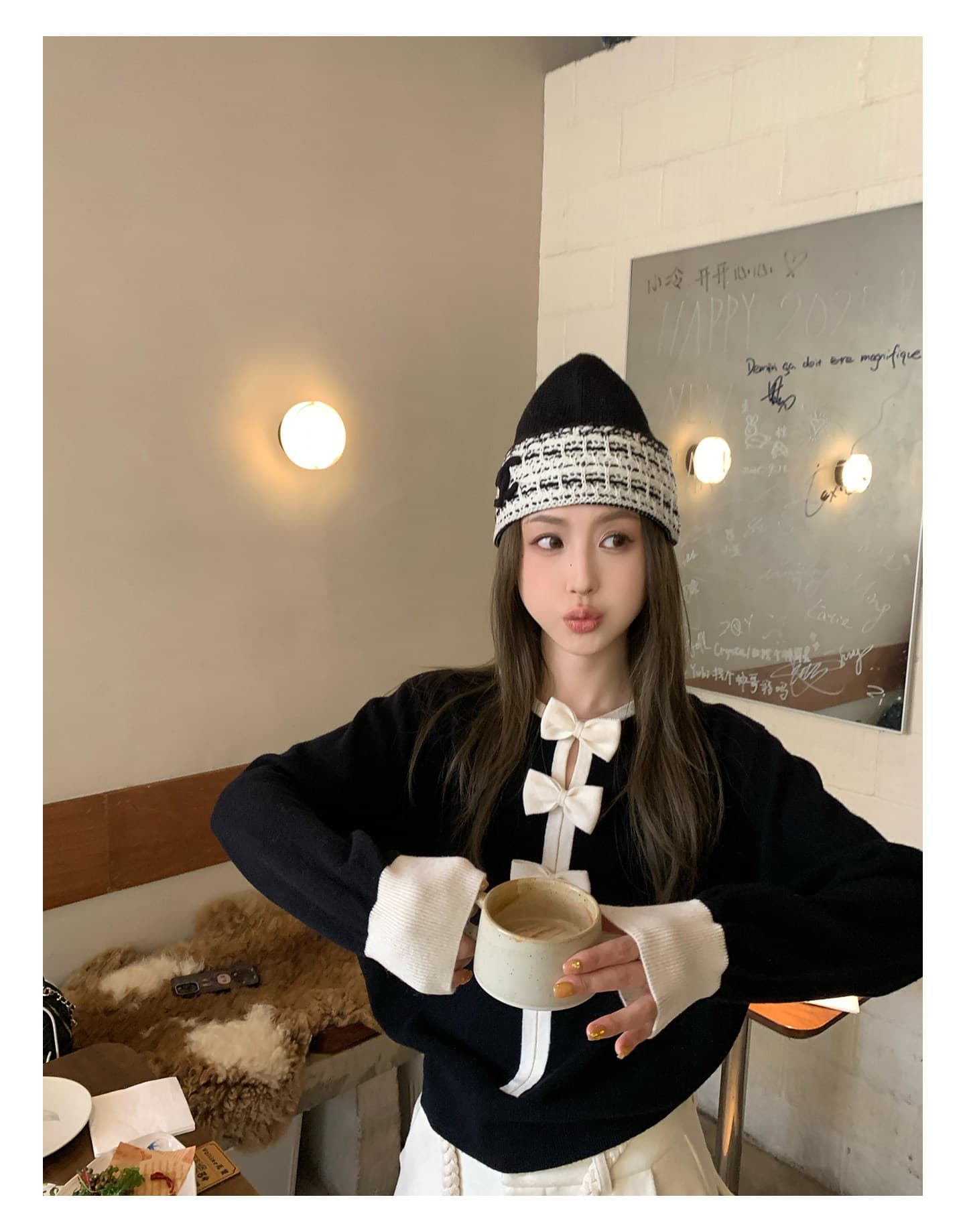 mls 연인 나비 넥타이 연령 감소 vibe 클래식 라운드 넥 배색 루즈핏 맨위 여성 스탠드 칼라 나비 매듭 니트 스웨터 상세 이미지 3