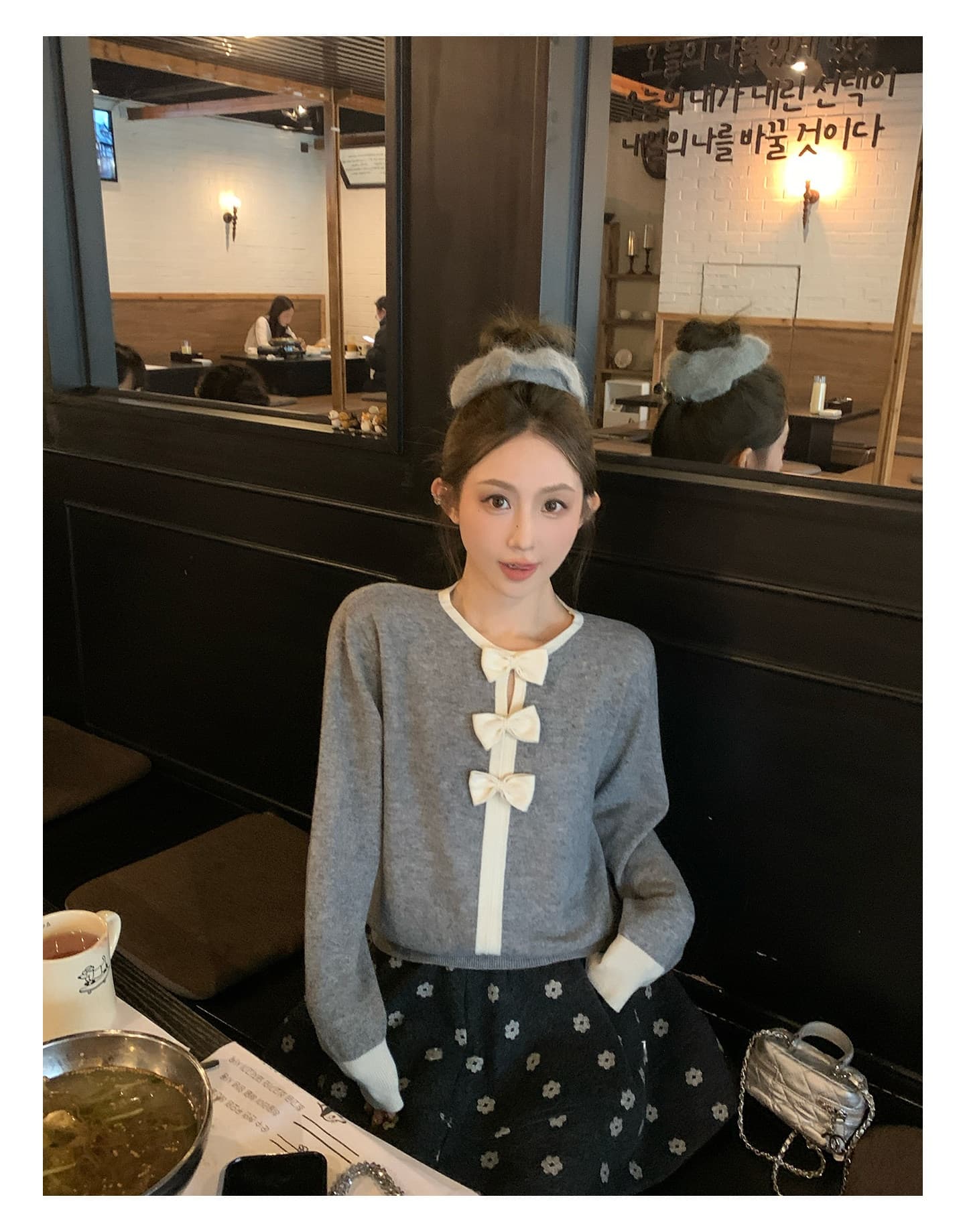 mls 연인 나비 넥타이 연령 감소 vibe 클래식 라운드 넥 배색 루즈핏 맨위 여성 스탠드 칼라 나비 매듭 니트 스웨터 상세 이미지 6