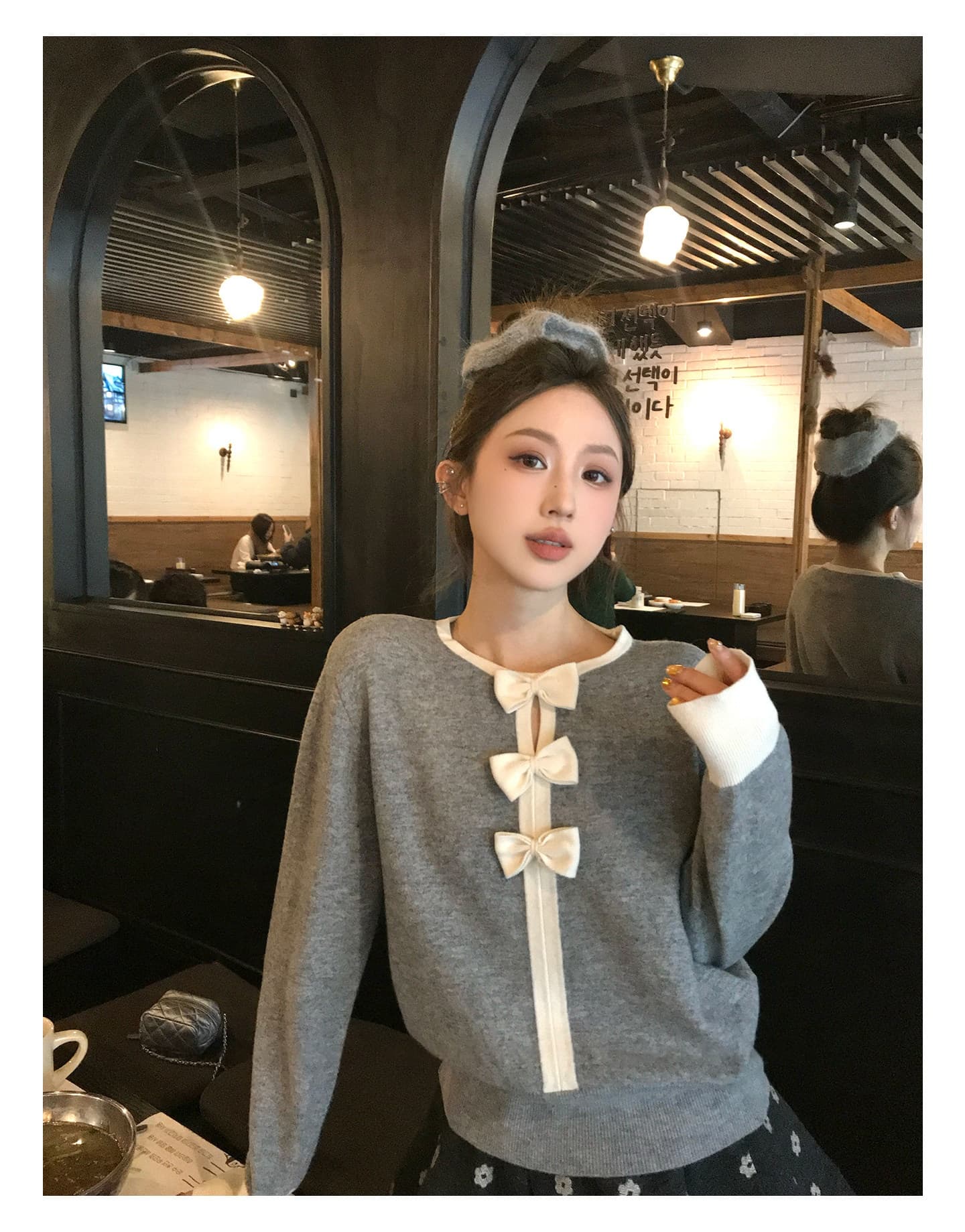 mls 연인 나비 넥타이 연령 감소 vibe 클래식 라운드 넥 배색 루즈핏 맨위 여성 스탠드 칼라 나비 매듭 니트 스웨터 상세 이미지 8