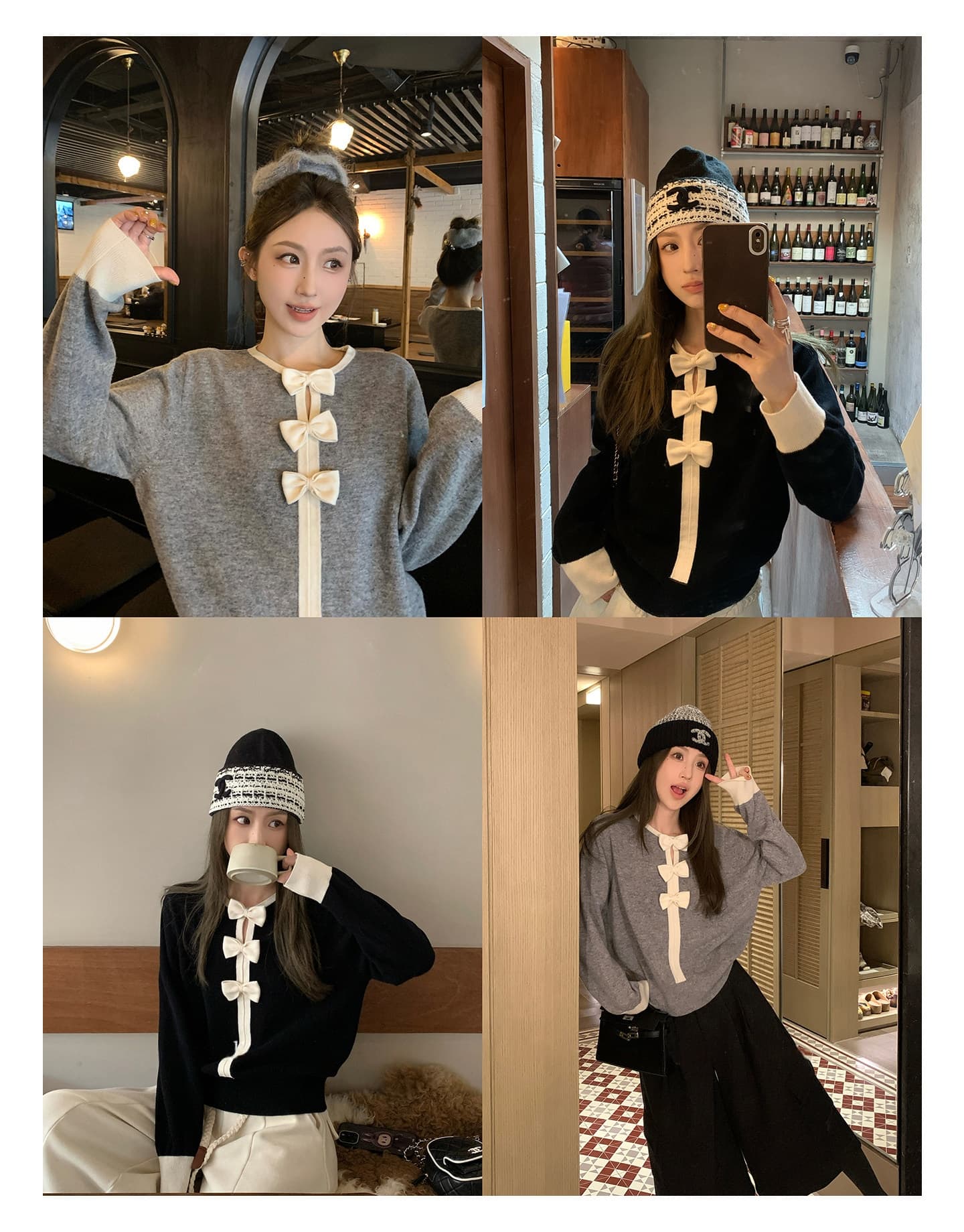 mls 연인 나비 넥타이 연령 감소 vibe 클래식 라운드 넥 배색 루즈핏 맨위 여성 스탠드 칼라 나비 매듭 니트 스웨터 상세 이미지 15