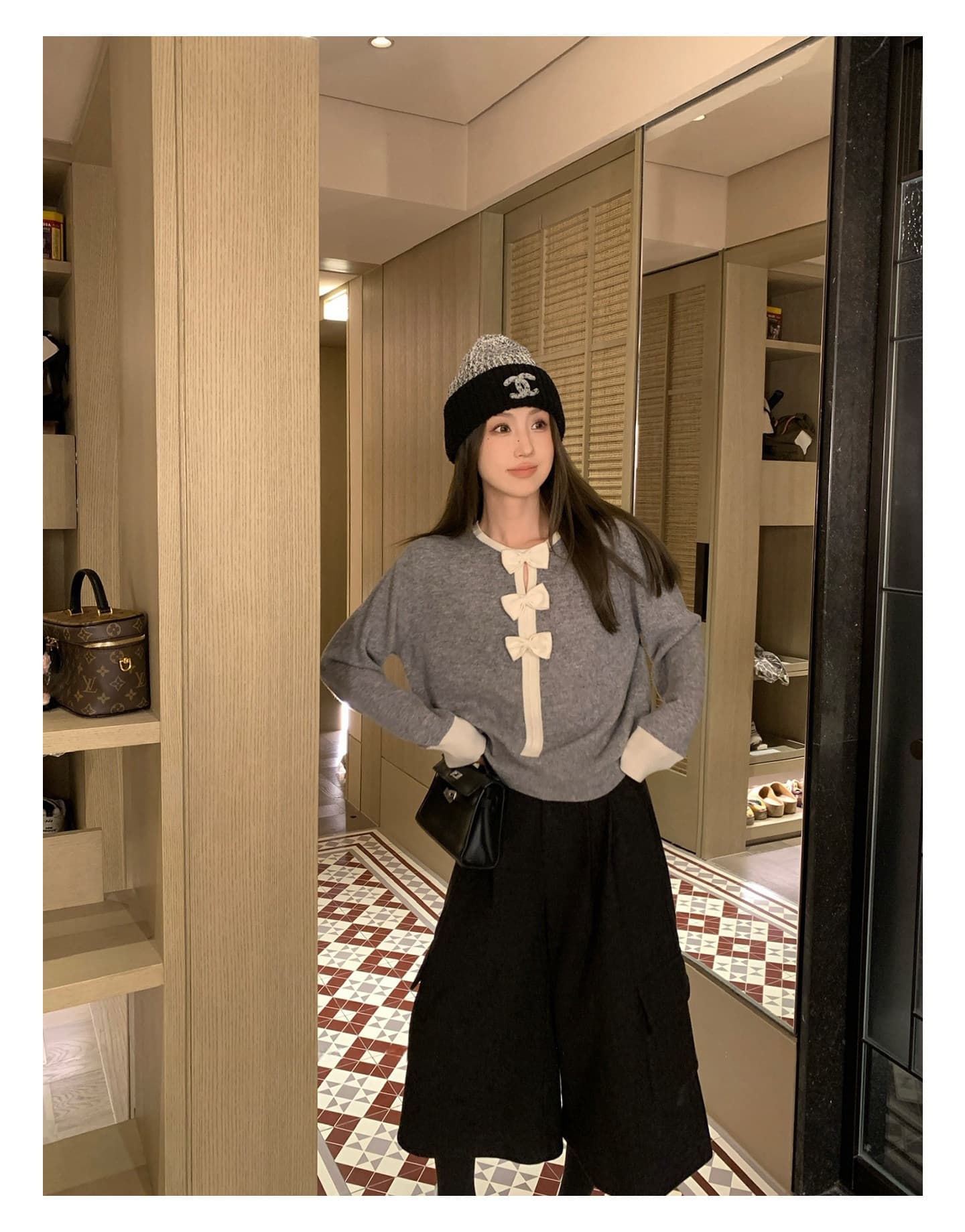 mls 연인 나비 넥타이 연령 감소 vibe 클래식 라운드 넥 배색 루즈핏 맨위 여성 스탠드 칼라 나비 매듭 니트 스웨터 상세 이미지 18