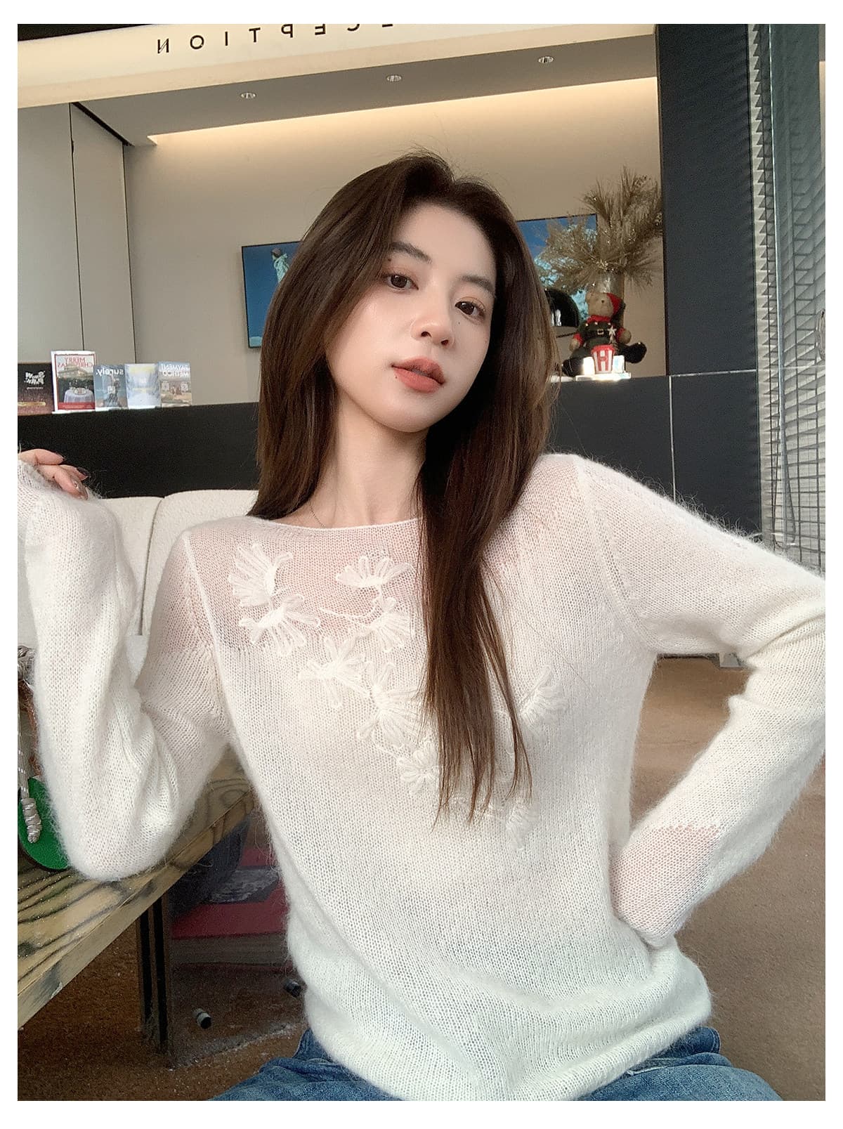leetwins 부드러운 실어증 양 낙타 털 보트넥 니트 스웨터 여성 고급 센스 자수 꽃 홀로우 아웃 맨위 이미지 3