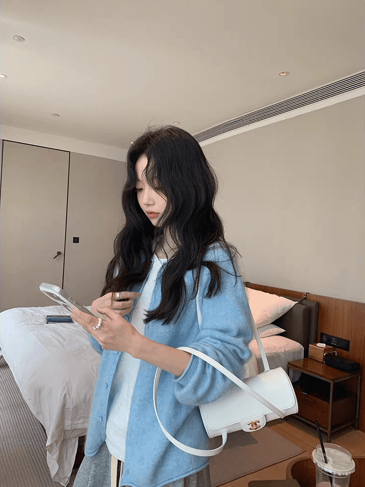 장 베이 베이 ibell 양모 뽕나무 누에 실크 느긋한 슬림해 보이는 캐주얼 다용도 플러시 센스 볼륨 측면 니트 오픈 가디건 이미지 2
