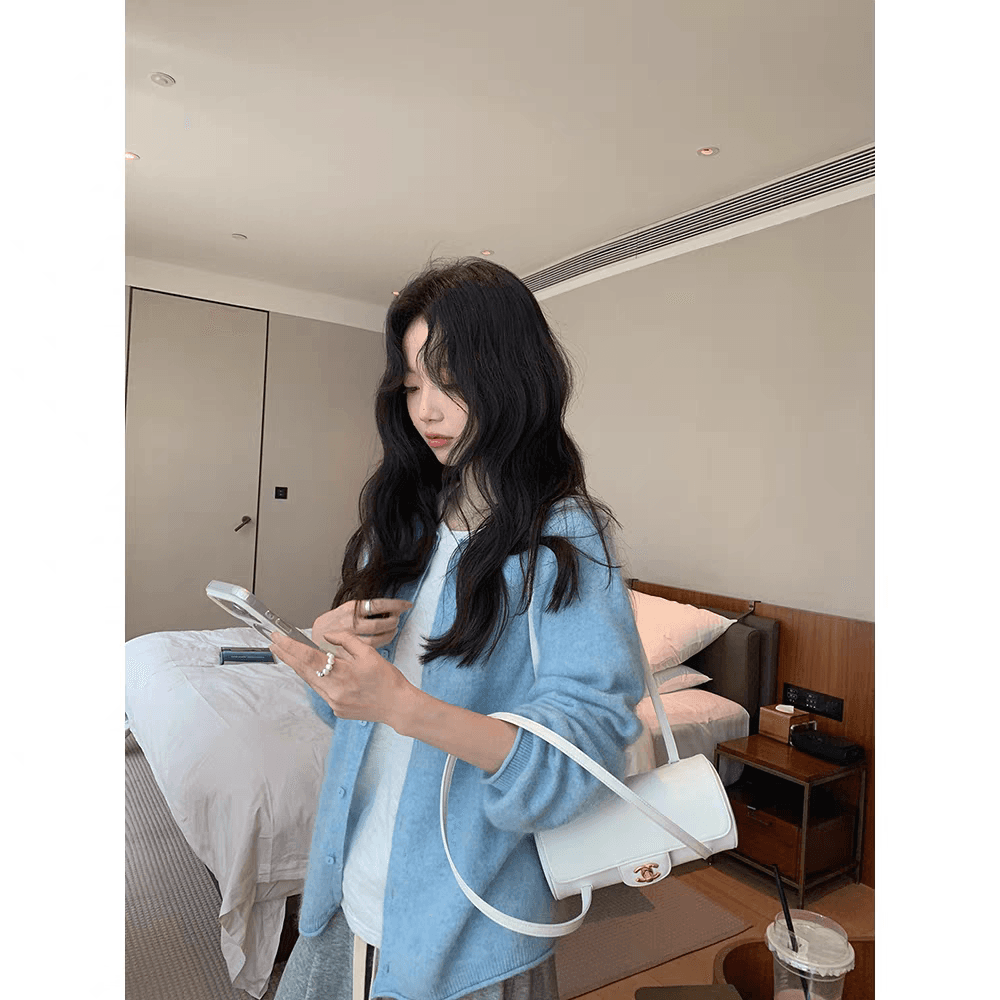장 베이 베이 ibell 양모 뽕나무 누에 실크 느긋한 슬림해 보이는 캐주얼 다용도 플러시 센스 볼륨 측면 니트 오픈 가디건 상세 이미지 2