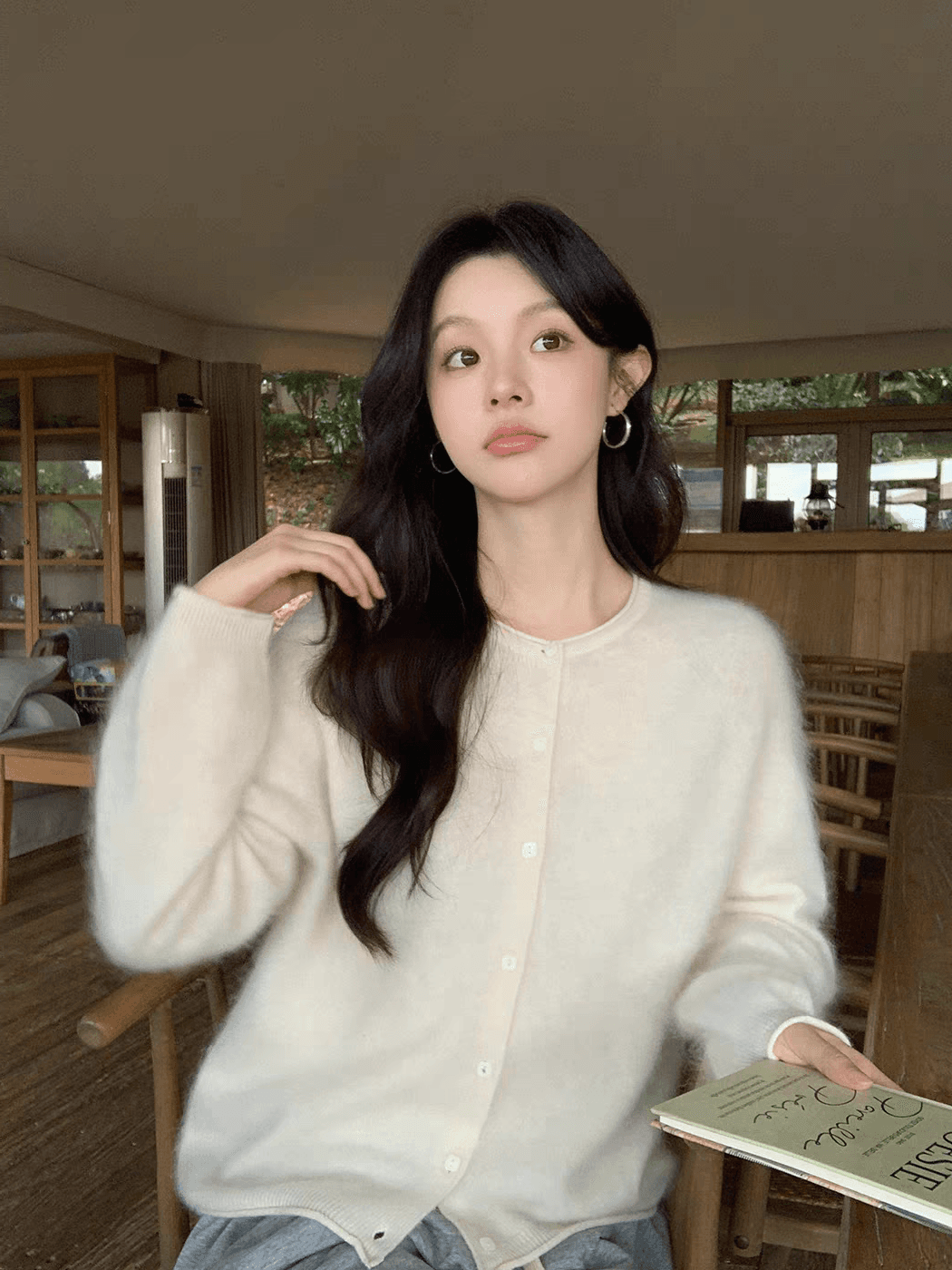 장 베이 베이 ibell 양모 뽕나무 누에 실크 느긋한 슬림해 보이는 캐주얼 다용도 플러시 센스 볼륨 측면 니트 오픈 가디건 상세 이미지 5
