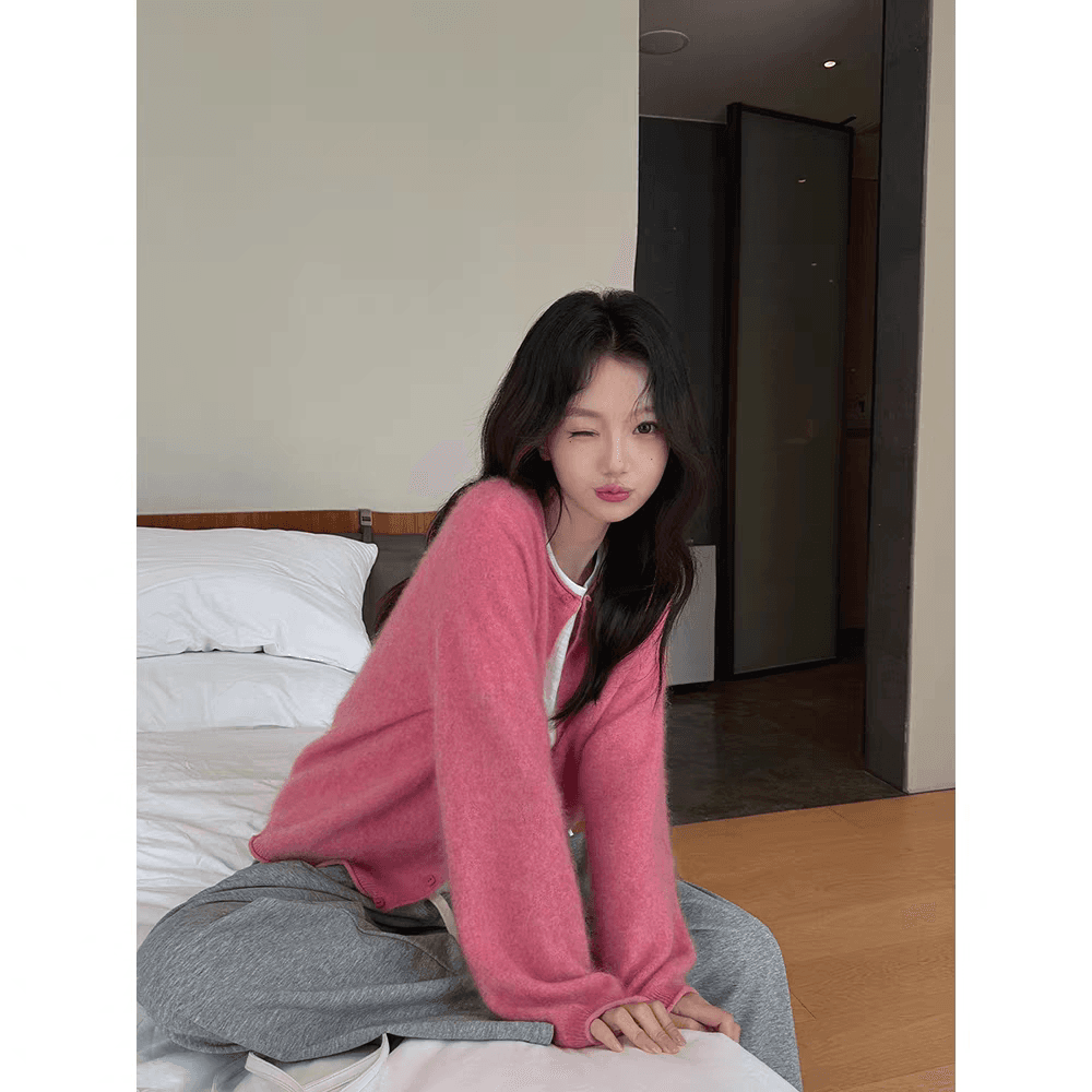 장 베이 베이 ibell 양모 뽕나무 누에 실크 느긋한 슬림해 보이는 캐주얼 다용도 플러시 센스 볼륨 측면 니트 오픈 가디건 상세 이미지 6