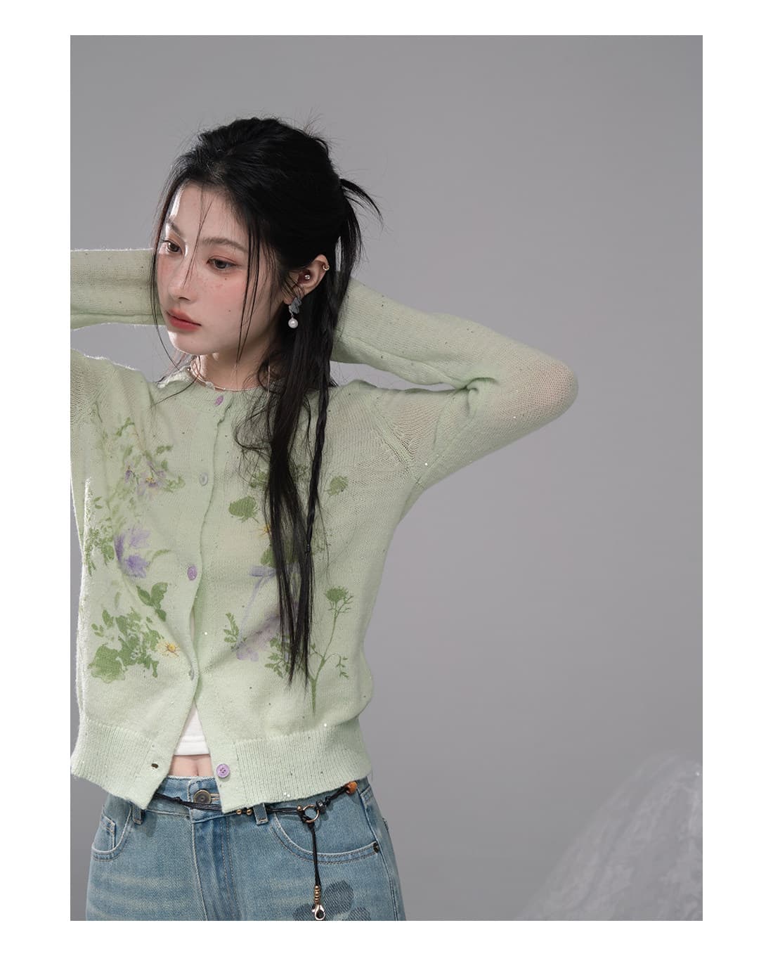 cotre 오리지널 디자인 산소 센스 착용 가져 가라. 봄 야생 과일 녹색 ~을 통해 센스 프린트 모직물 오픈 가디건 상세 이미지 5