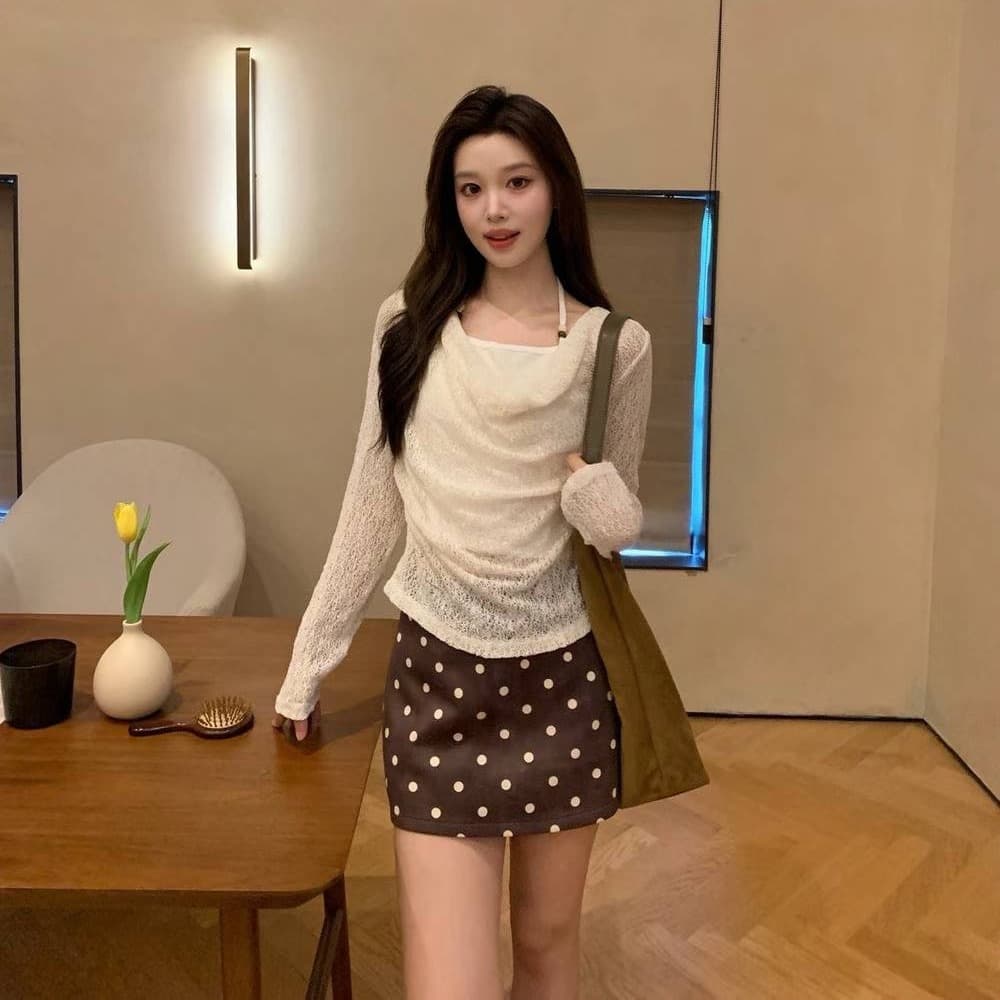 레트로 미니멀리즘 도트 무늬 로우 웨이스트 타이트 스커트 반신 스커트 여성 2026 가을 새로운 슬림해 보이는 몸매 가꾸기 한 마디 미니 스커트 이미지 5