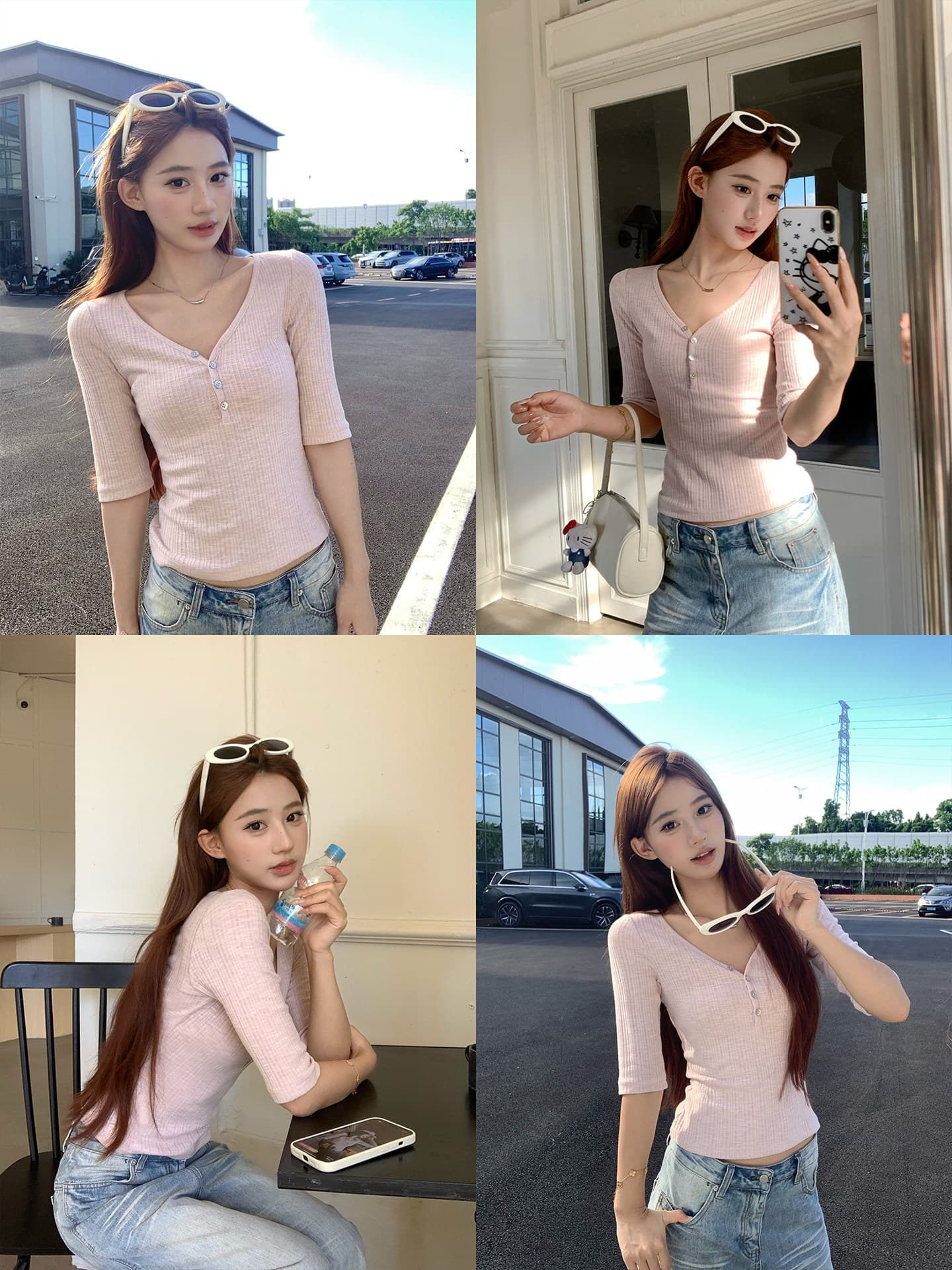 송 긍정적 인 En 순수한 욕망 바람 핑크색 V넥 중간 소매 티셔츠 여성 이른 가을 새로운 디자인 센스 몸매 가꾸기 쇼트 스타일 반팔 작은 맨위 이미지 2