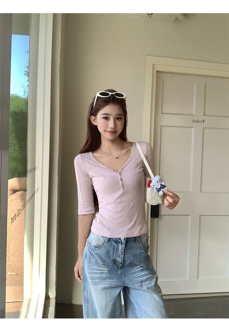 송 긍정적 인 En 순수한 욕망 바람 핑크색 V넥 중간 소매 티셔츠 여성 이른 가을 새로운 디자인 센스 몸매 가꾸기 쇼트 스타일 반팔 작은 맨위 상세 이미지 6