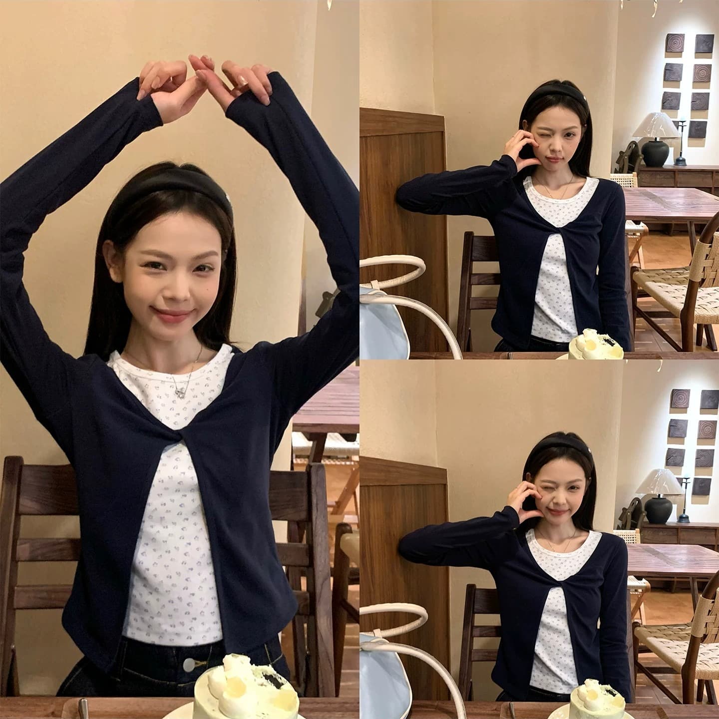 송 긍정적 인 En 블루 꽃무늬 페이크 레이어드 긴팔 티셔츠 여성 이른 가을 새로운 몸매 가꾸기 인사이드 가져 가라. 기본 셔츠 싱글 착용 맨위 상세 이미지 5