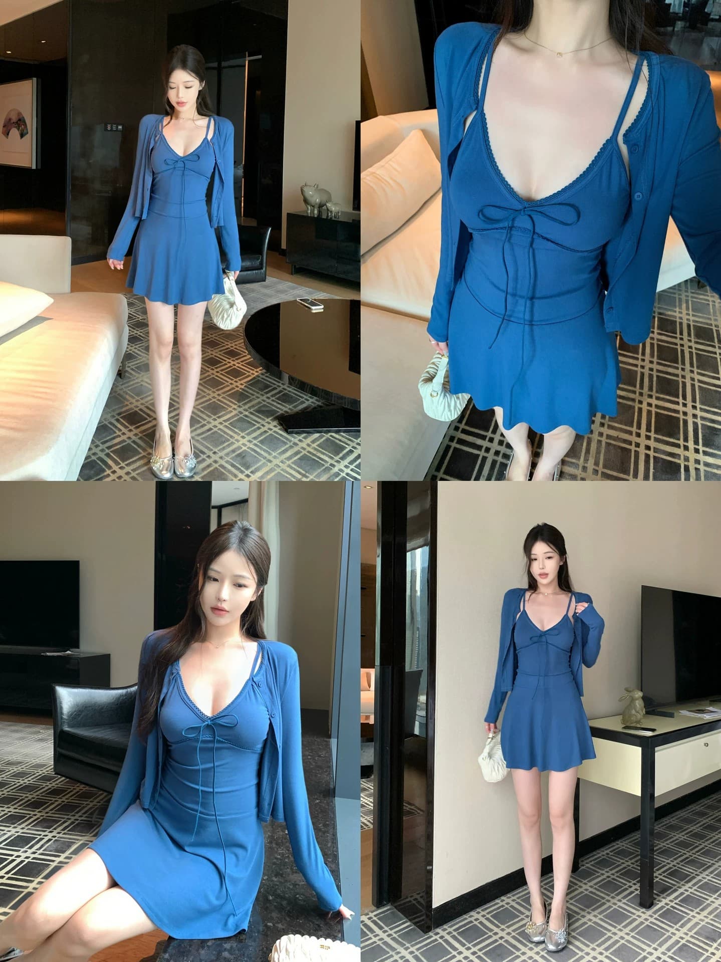 우 너무 달콤한 V넥 나비 매듭 슬립 여성 드레스 몸매 가꾸기 슬림해 보이는 슬립 긴팔 오픈 가디건 외부 가져 가라. 투피스 세트 이미지 3