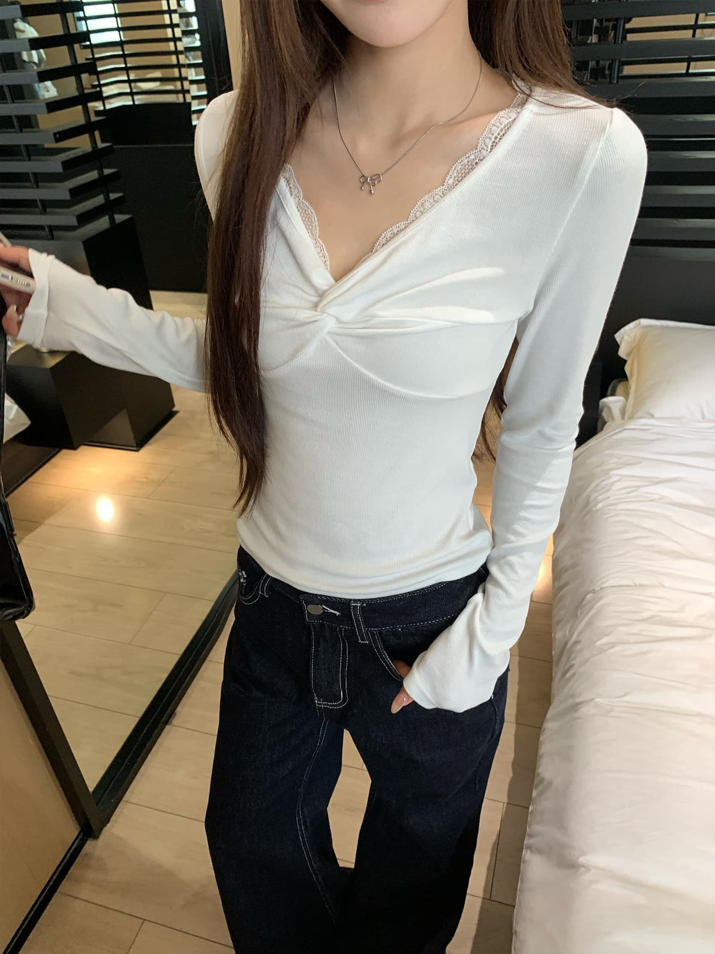 송 긍정적 인 En 화이트 레이스 레이스 인사이드 가져 가라. 기본 셔츠 여성 이른 가을 새로운 몸매 가꾸기 슬림해 보이는 긴팔 티셔츠 작은 맨위 이미지 4