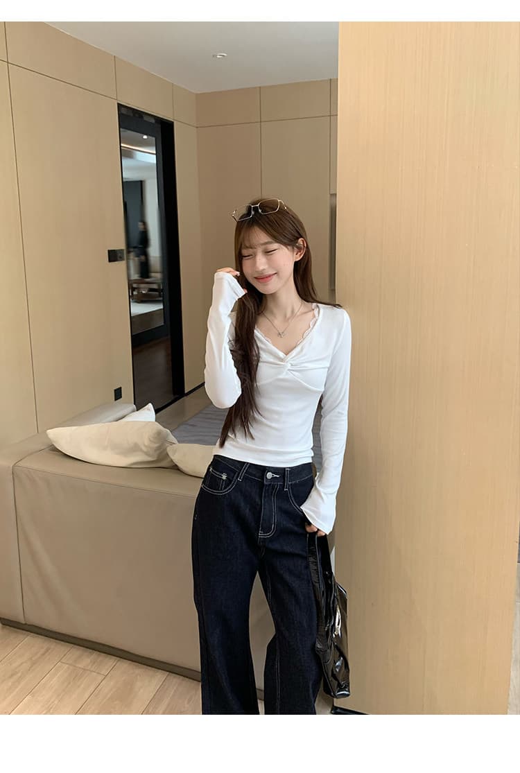 송 긍정적 인 En 화이트 레이스 레이스 인사이드 가져 가라. 기본 셔츠 여성 이른 가을 새로운 몸매 가꾸기 슬림해 보이는 긴팔 티셔츠 작은 맨위 상세 이미지 18